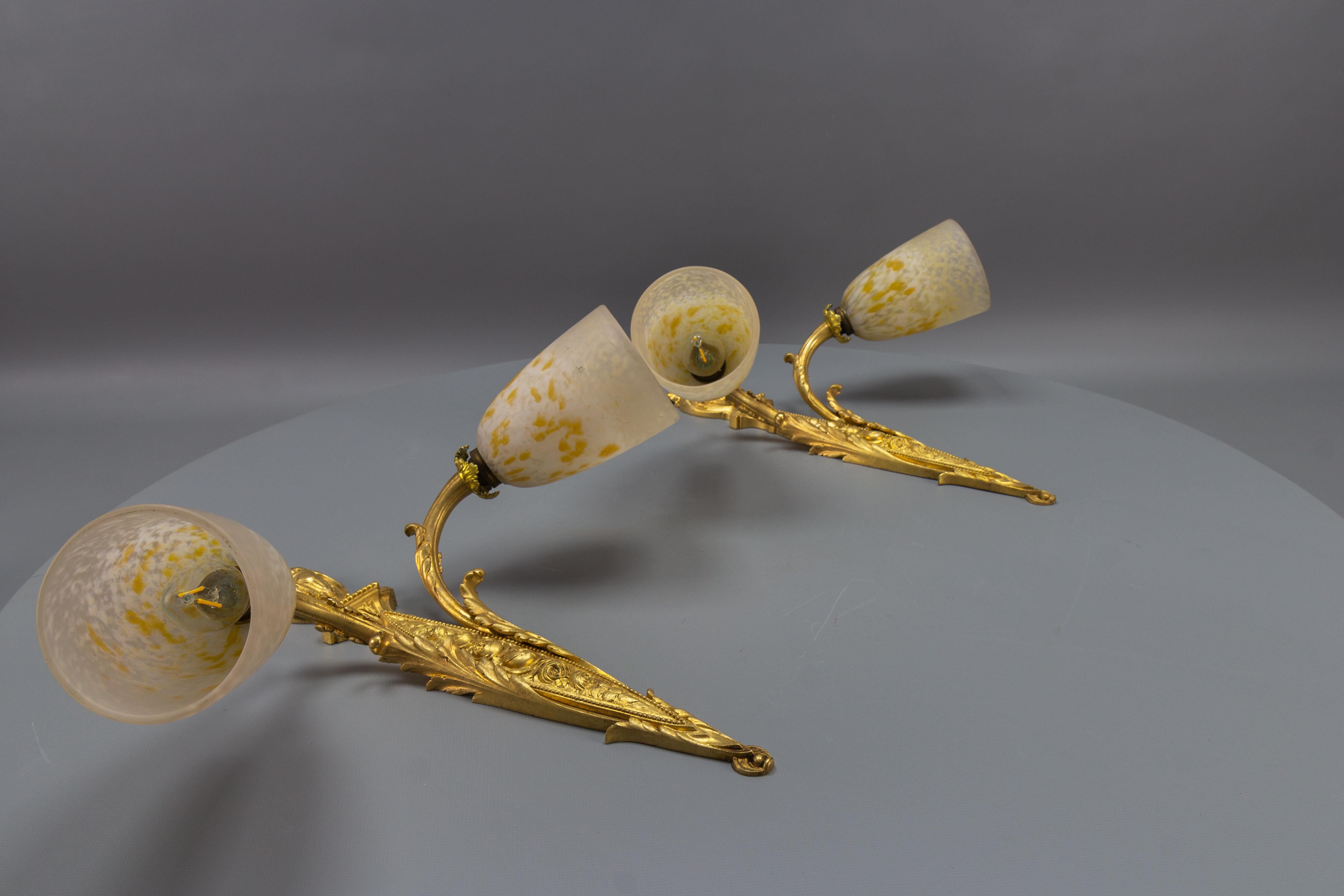 Pair of French Louis XVI Style Bronze and Glass Twin Arm Sconces, ca 1910 For Sale 6