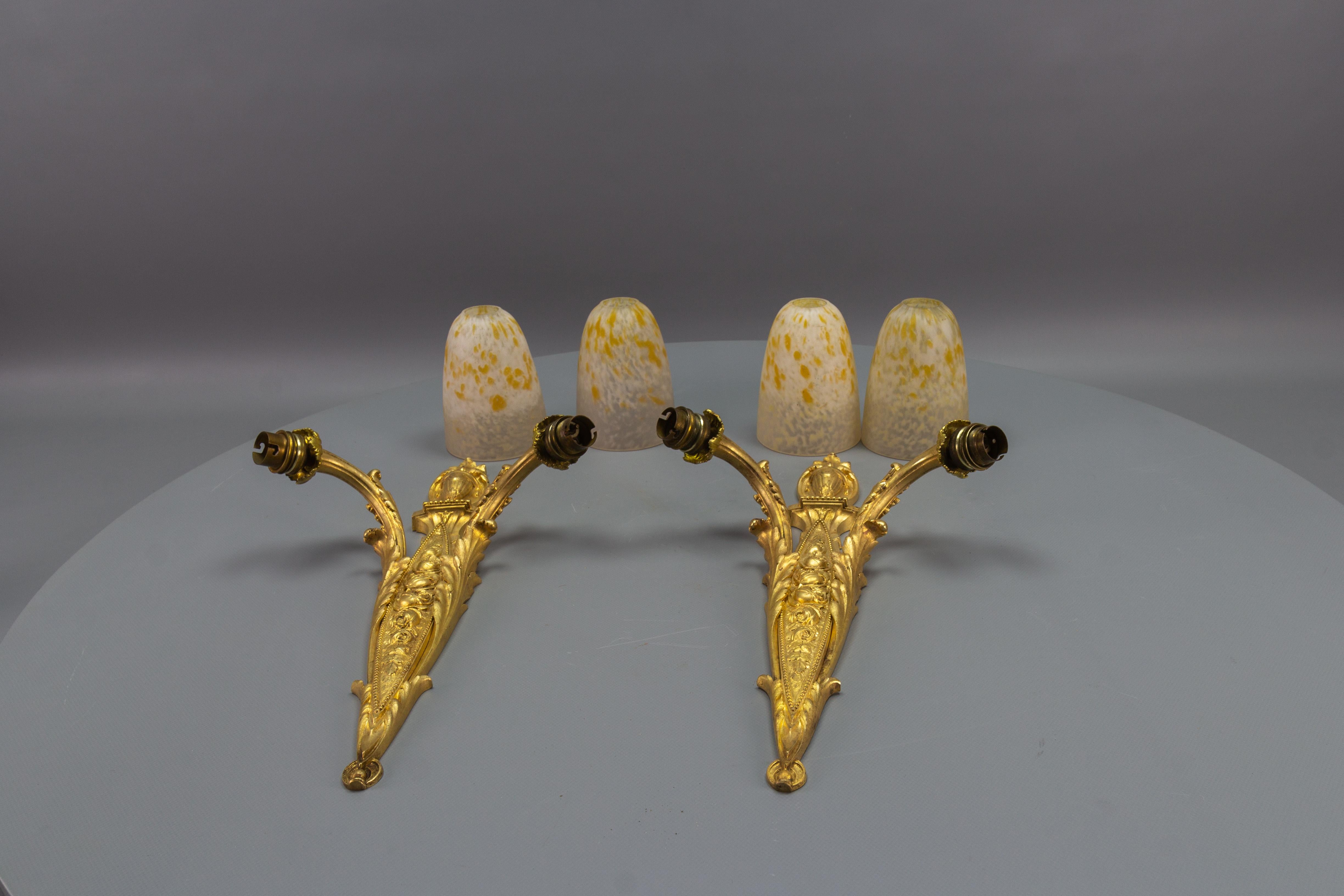 Pair of French Louis XVI Style Bronze and Glass Twin Arm Sconces, ca 1910 For Sale 12