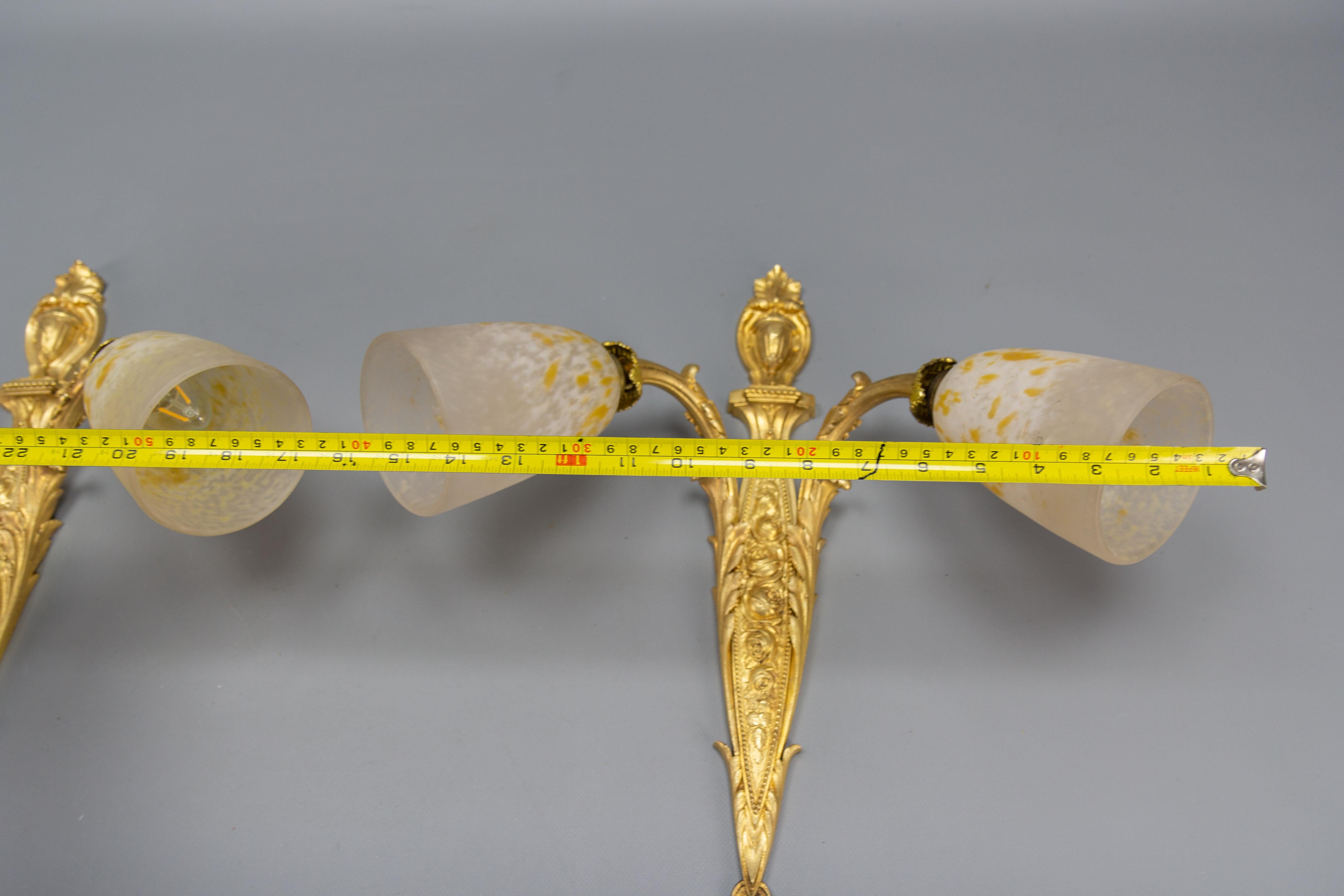 Pair of French Louis XVI Style Bronze and Glass Twin Arm Sconces, ca 1910 For Sale 15