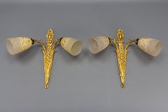 Pair of French Louis XVI Style Bronze and Glass Twin Arm Sconces, ca 1910