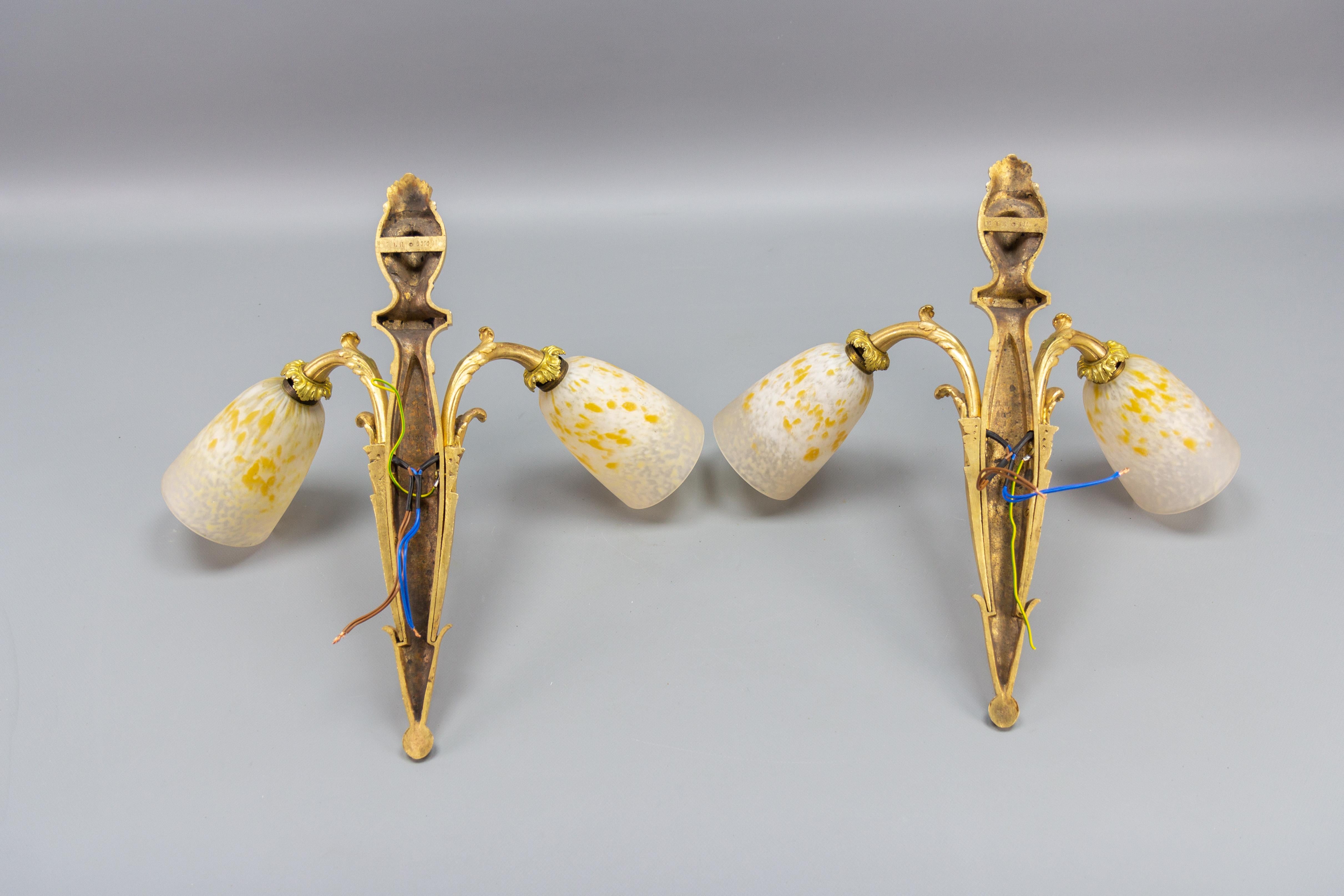 Pair of French Louis XVI Style Bronze and Glass Twin Arm Sconces, ca 1910 For Sale 16