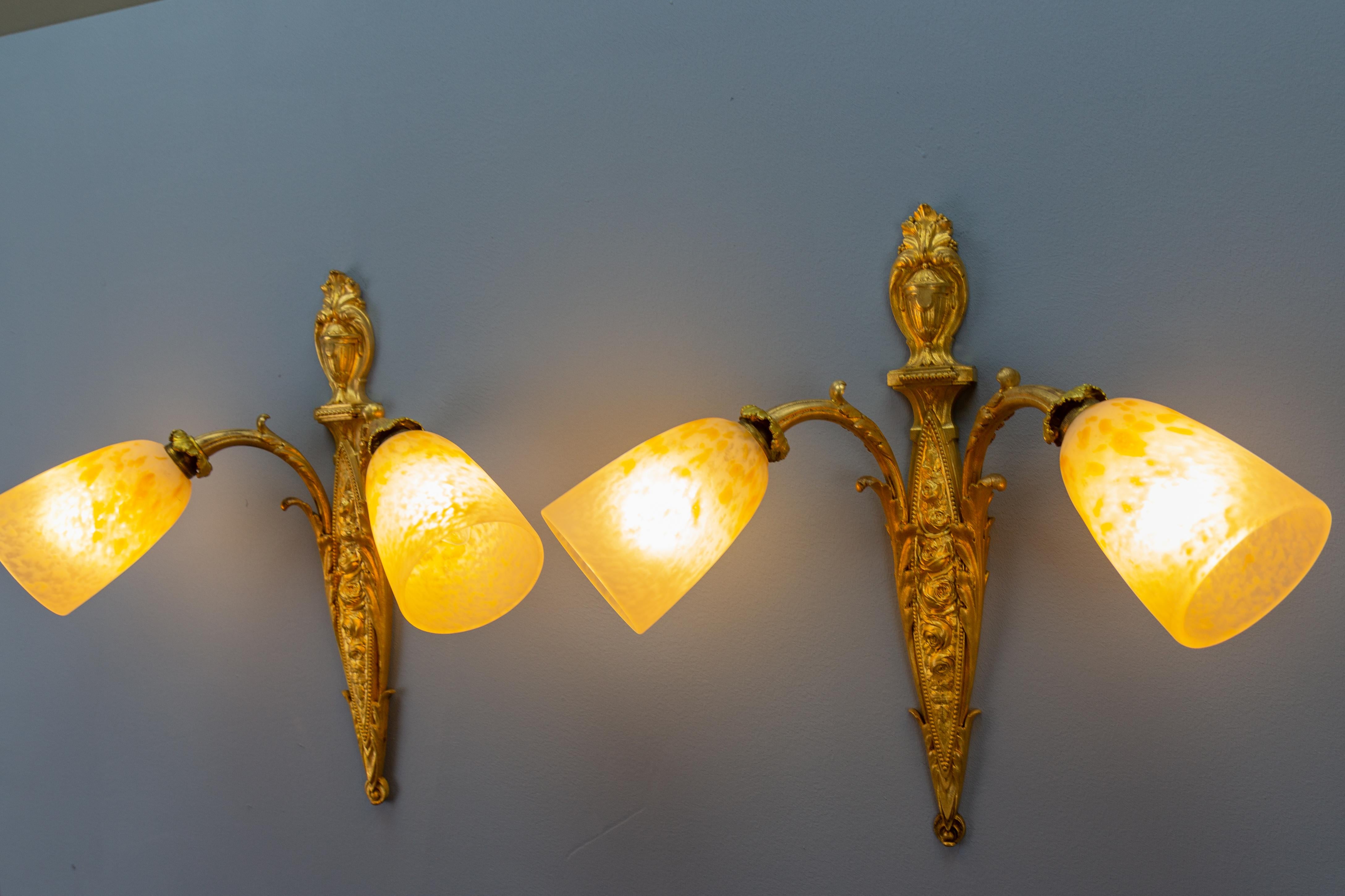 20th Century Pair of French Louis XVI Style Bronze and Glass Twin Arm Sconces, ca 1910 For Sale
