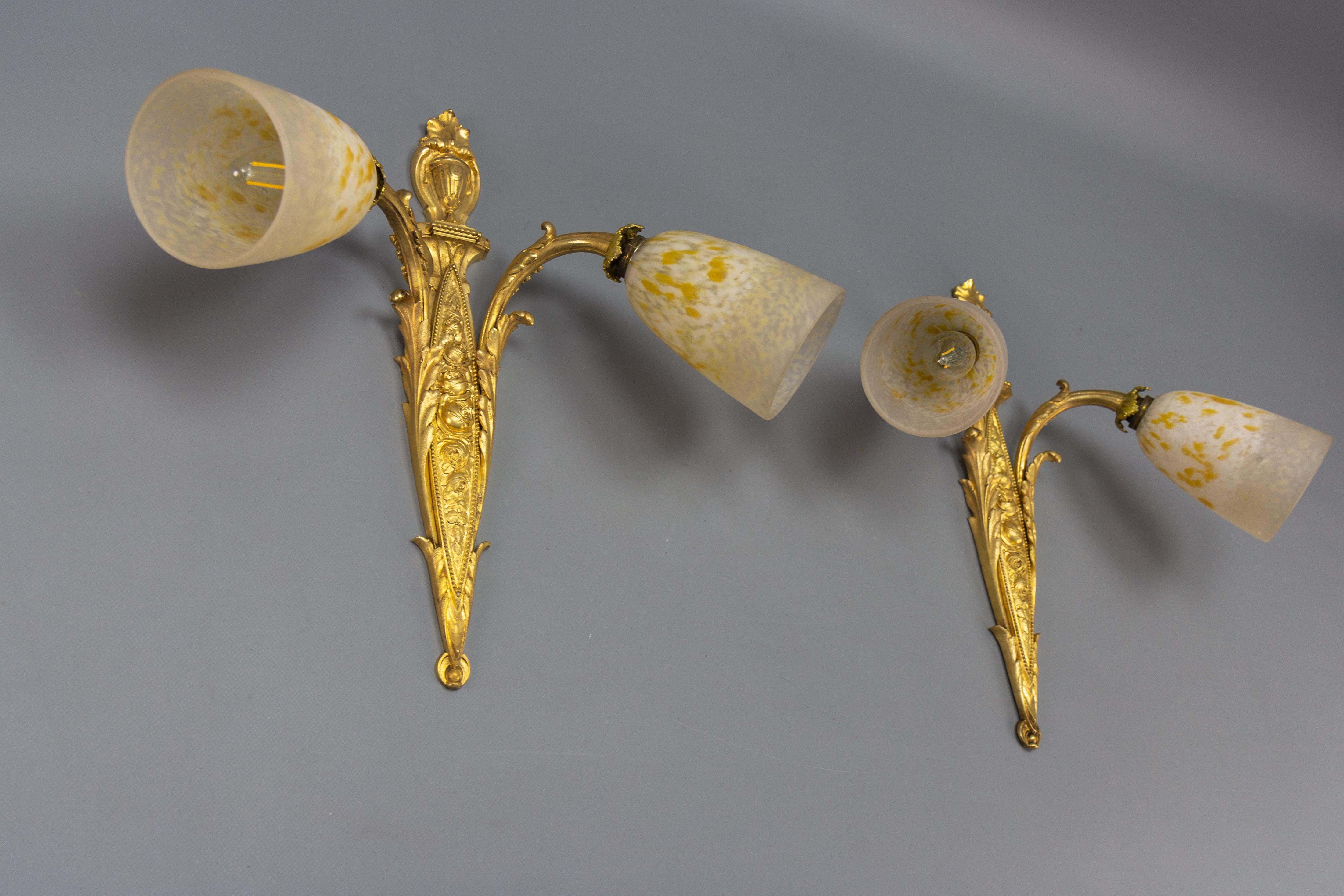 Pair of French Louis XVI Style Bronze and Glass Twin Arm Sconces, ca 1910 For Sale 1