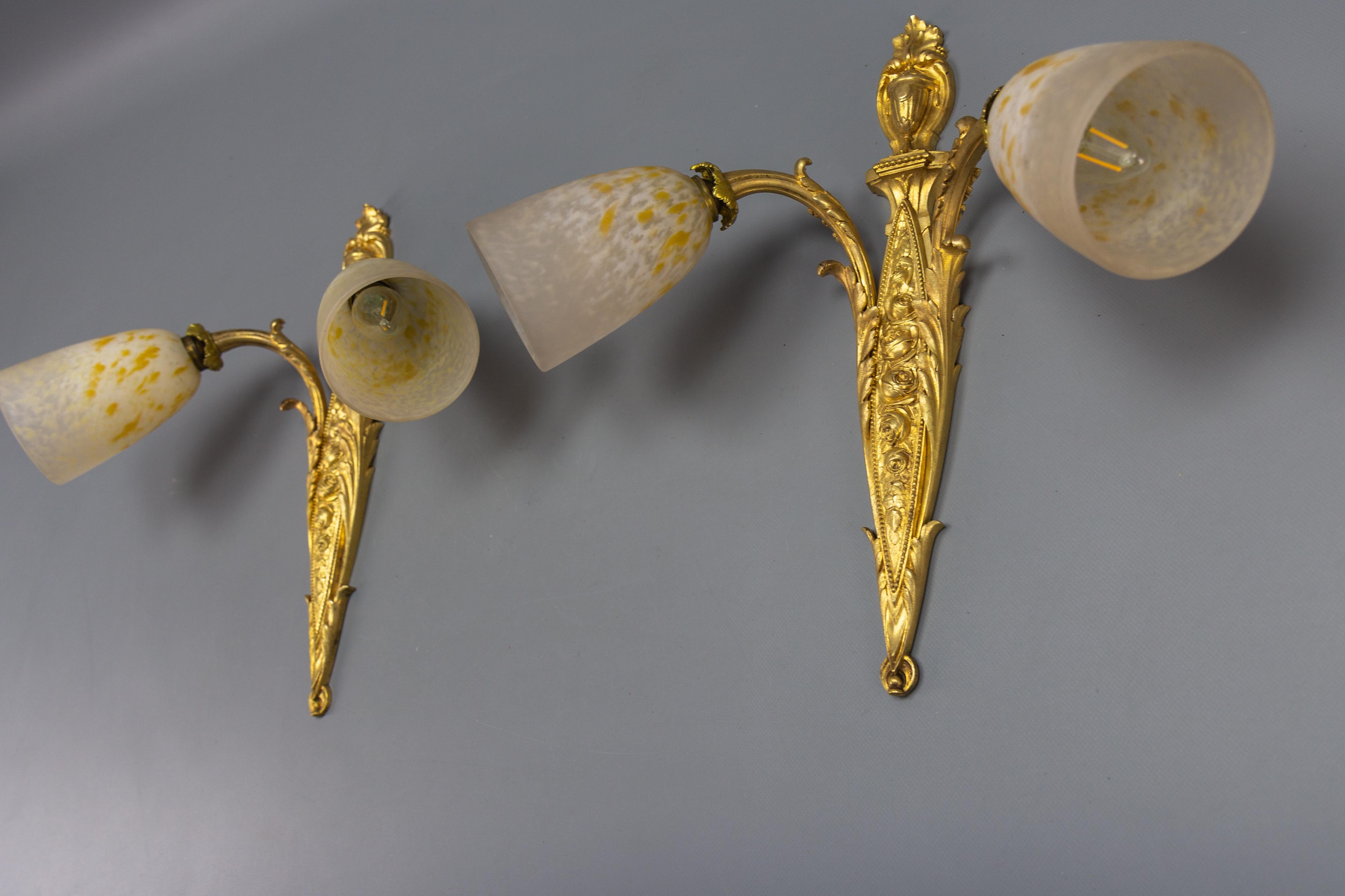 Pair of French Louis XVI Style Bronze and Glass Twin Arm Sconces, ca 1910 For Sale 2