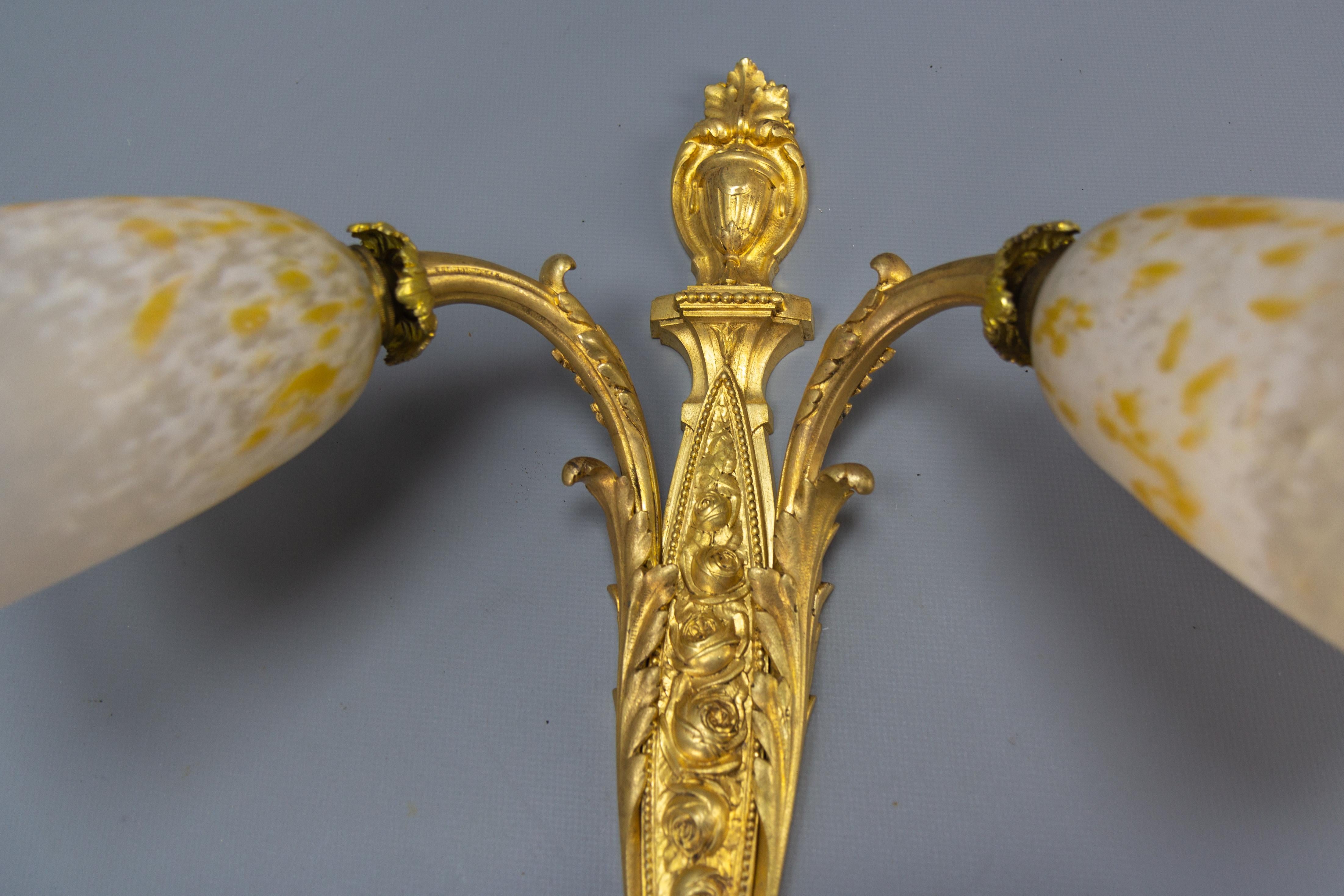 Pair of French Louis XVI Style Bronze and Glass Twin Arm Sconces, ca 1910 For Sale 4