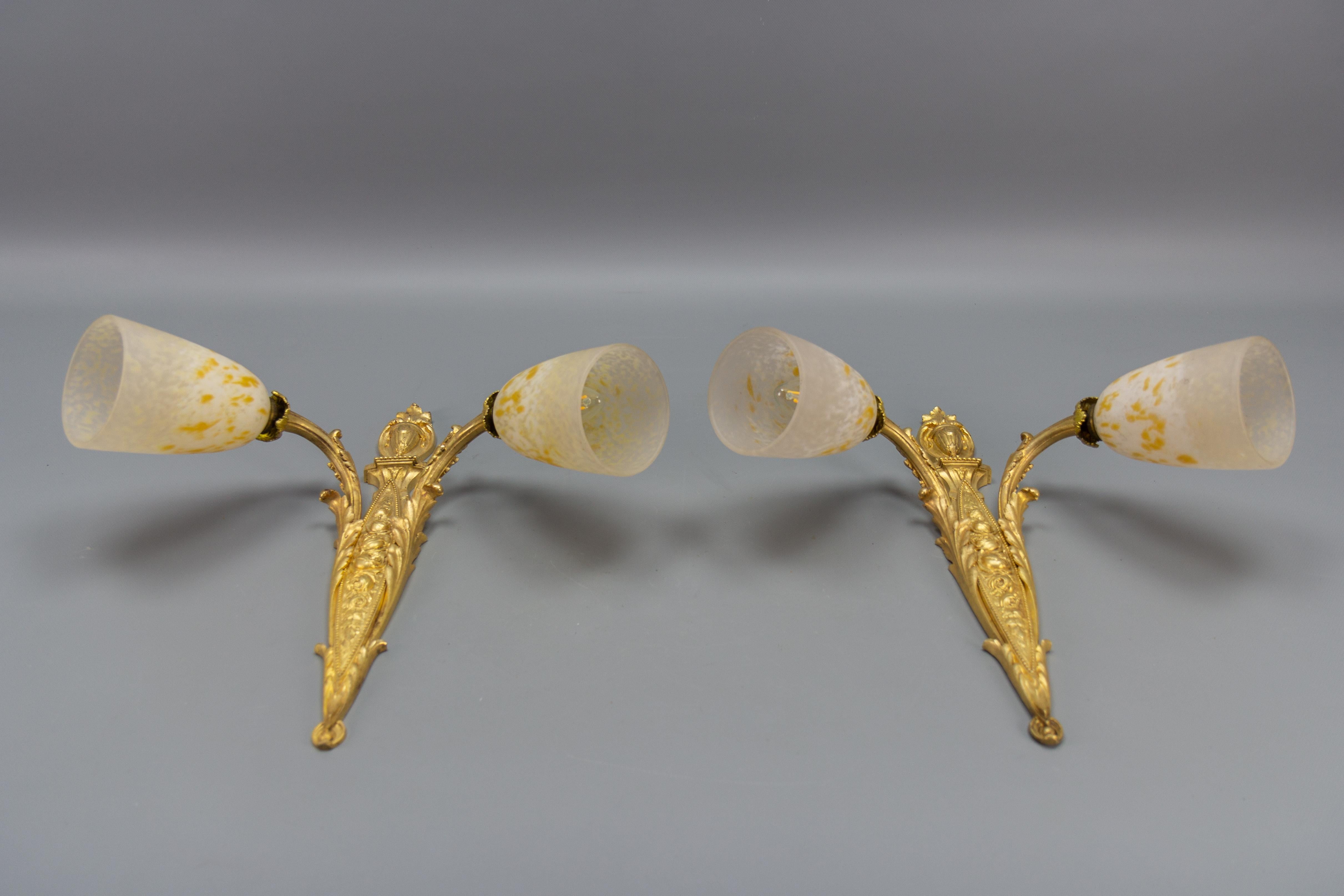 Pair of French Louis XVI Style Bronze and Glass Twin Arm Sconces, ca 1910 For Sale 5
