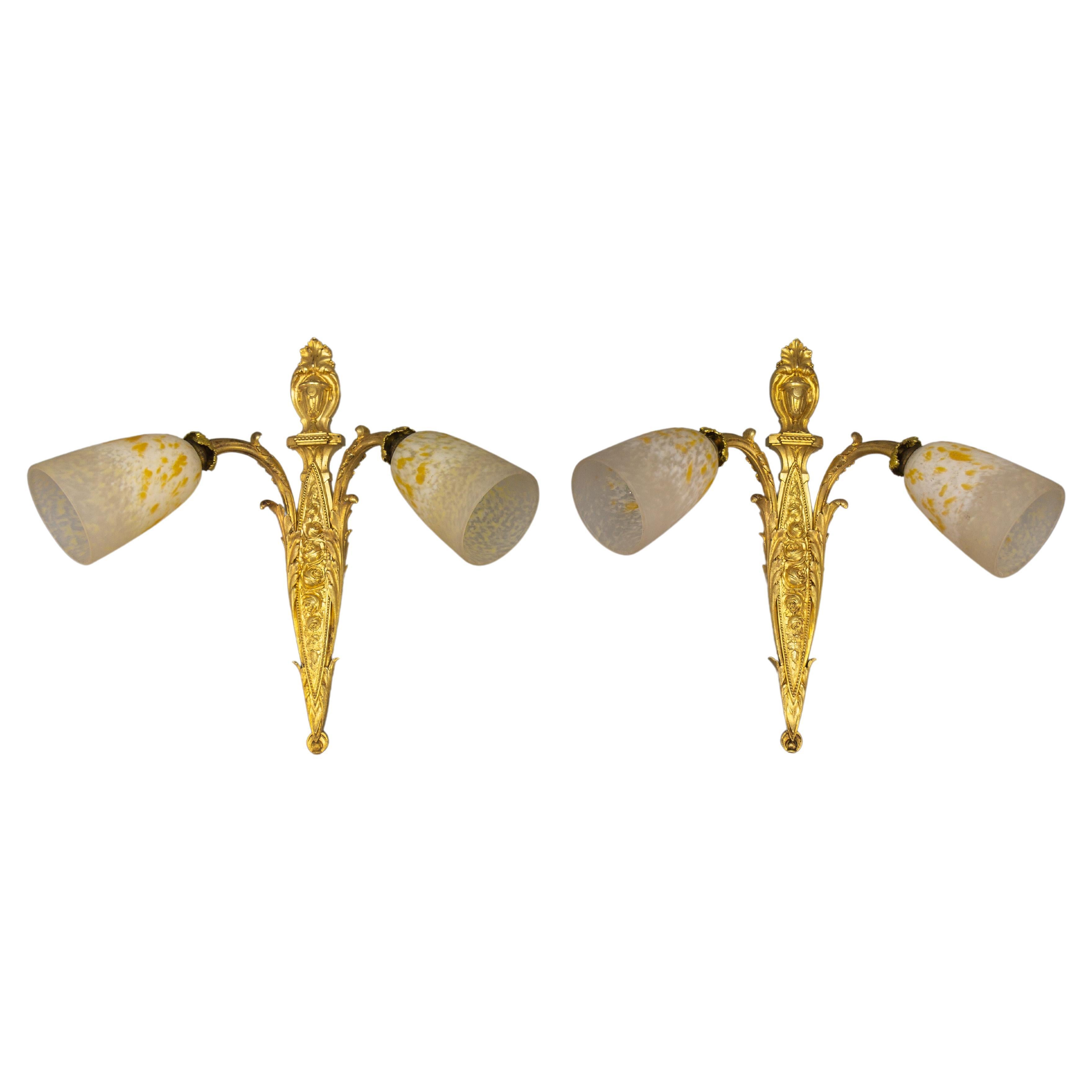 Pair of French Louis XVI Style Bronze and Glass Twin Arm Sconces, ca 1910 For Sale