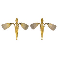 Pair of French Louis XVI Style Bronze and Glass Twin Arm Sconces, ca 1910