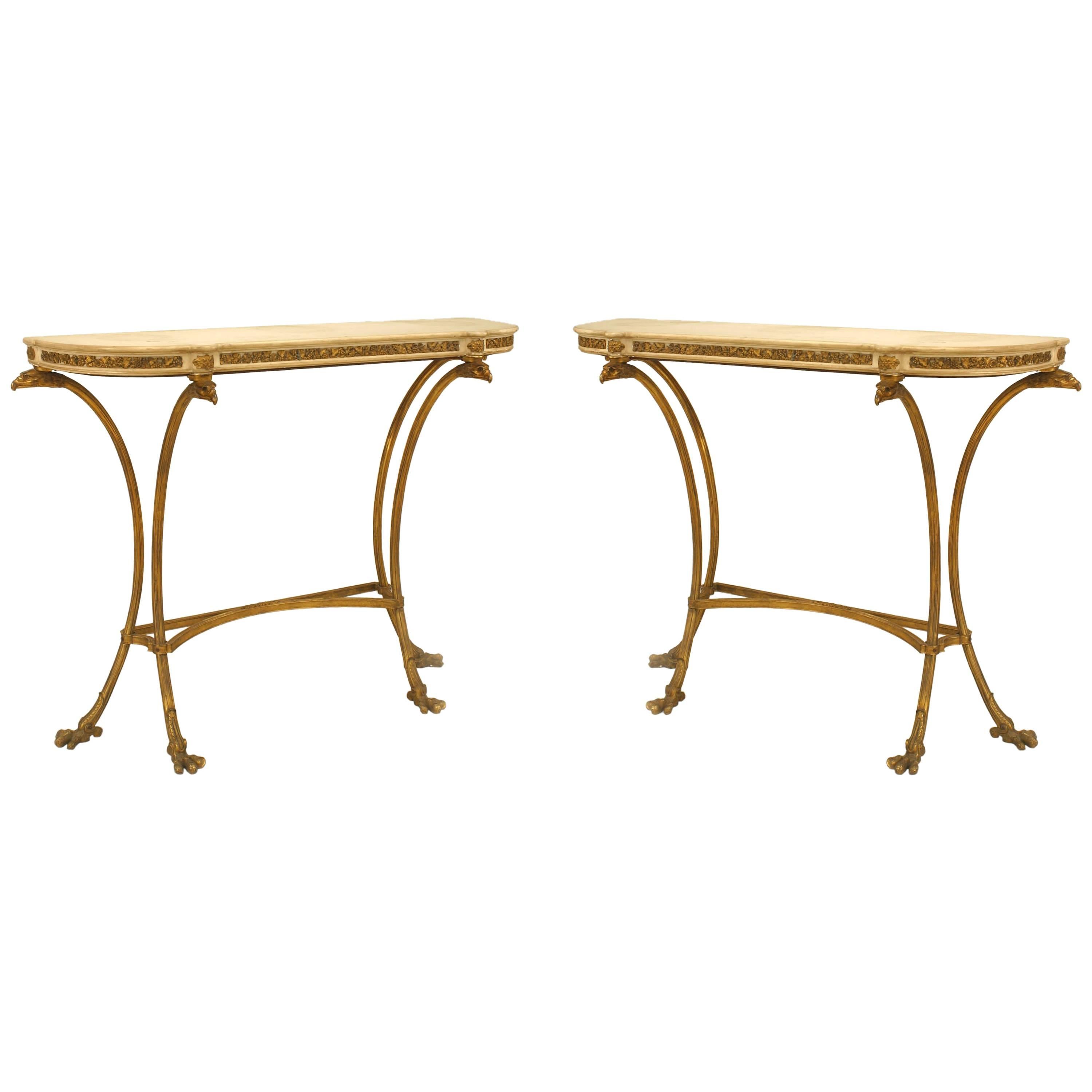 Pair of French Louis XVI-Style Bronze Dore Marble Top Console Tables