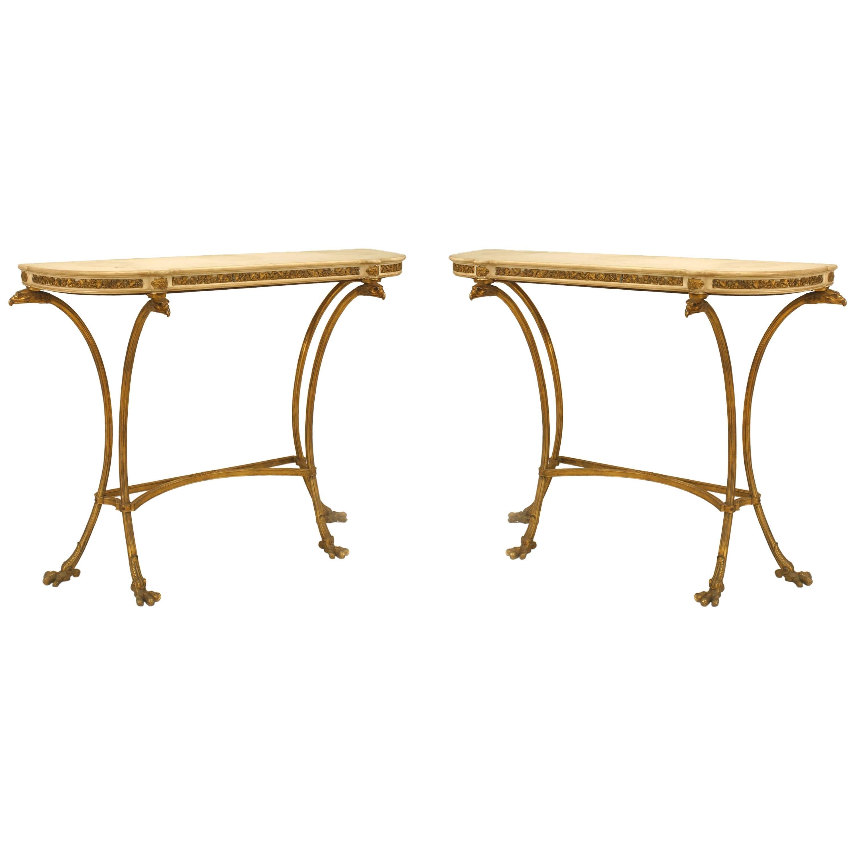 Pair of French Louis XVI-Style Bronze Dore Marble Top Console Tables