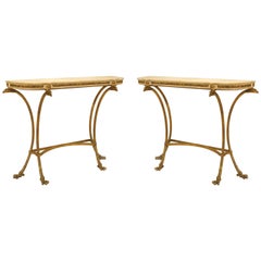 Pair of French Louis XVI-Style Bronze Dore Marble Top Console Tables