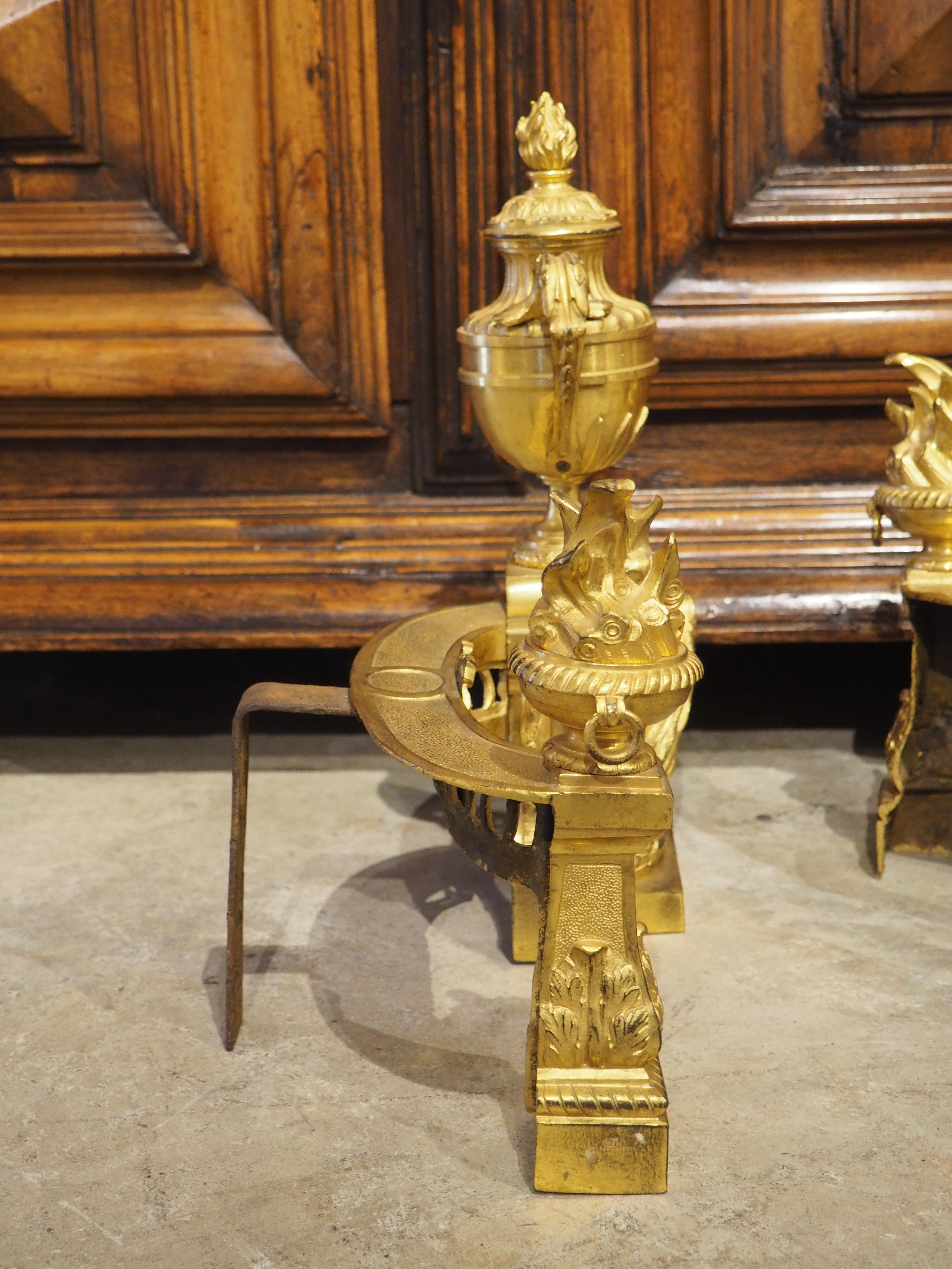 Pair of French Louis XVI Style Bronze Doré Fireplace Chenets, Circa 1850 For Sale 8