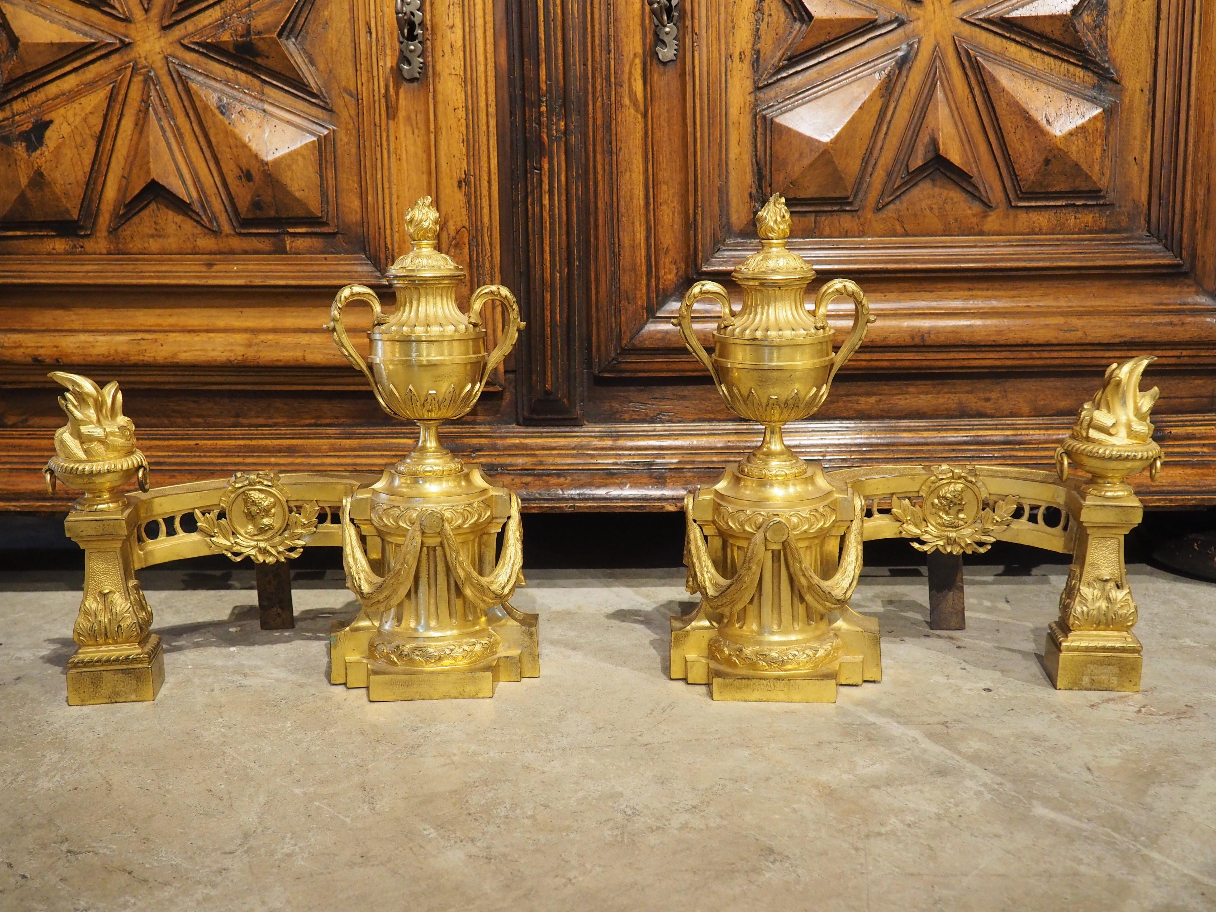 Pair of French Louis XVI Style Bronze Doré Fireplace Chenets, Circa 1850 For Sale 11