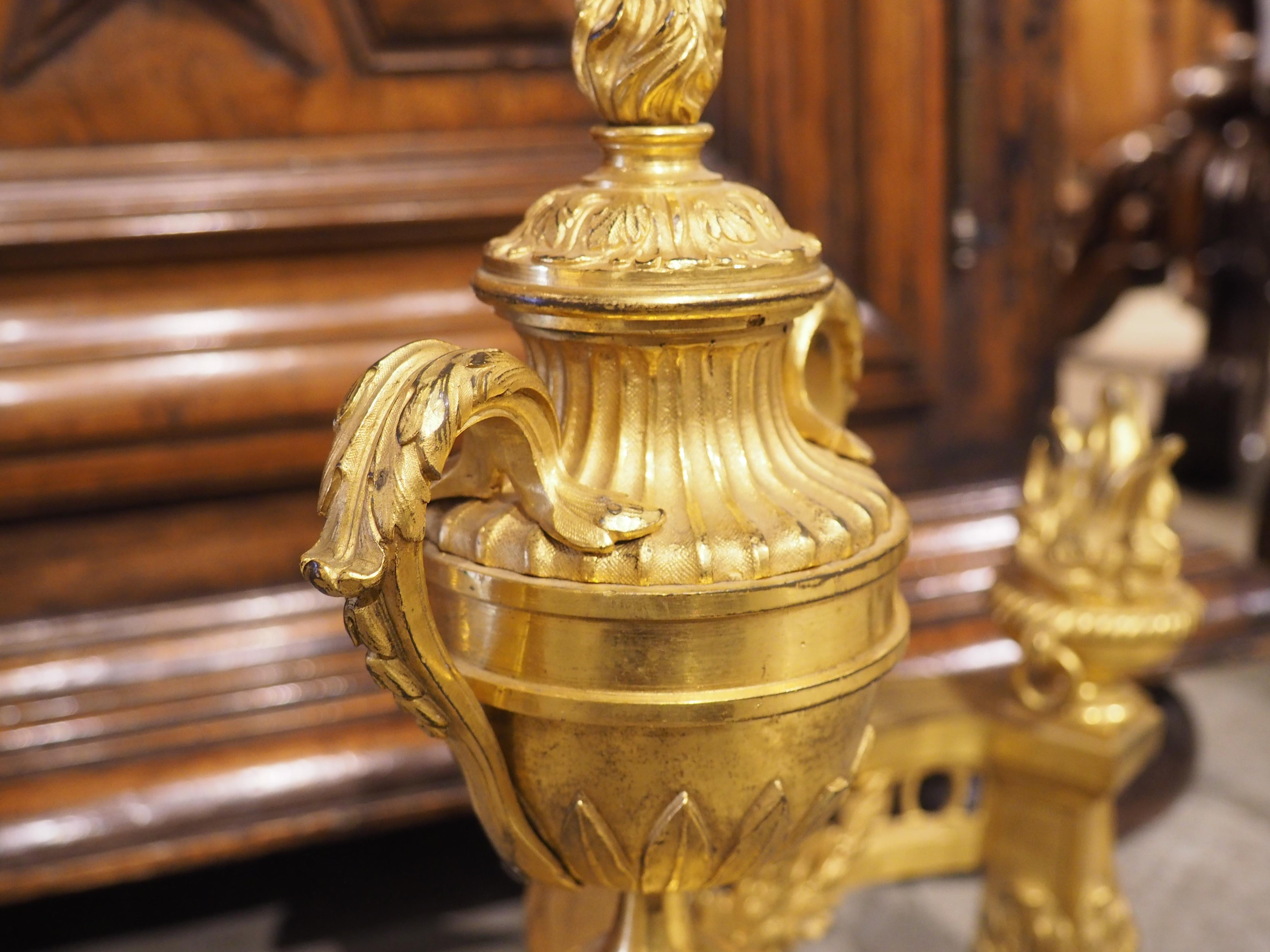 Gilt Pair of French Louis XVI Style Bronze Doré Fireplace Chenets, Circa 1850 For Sale