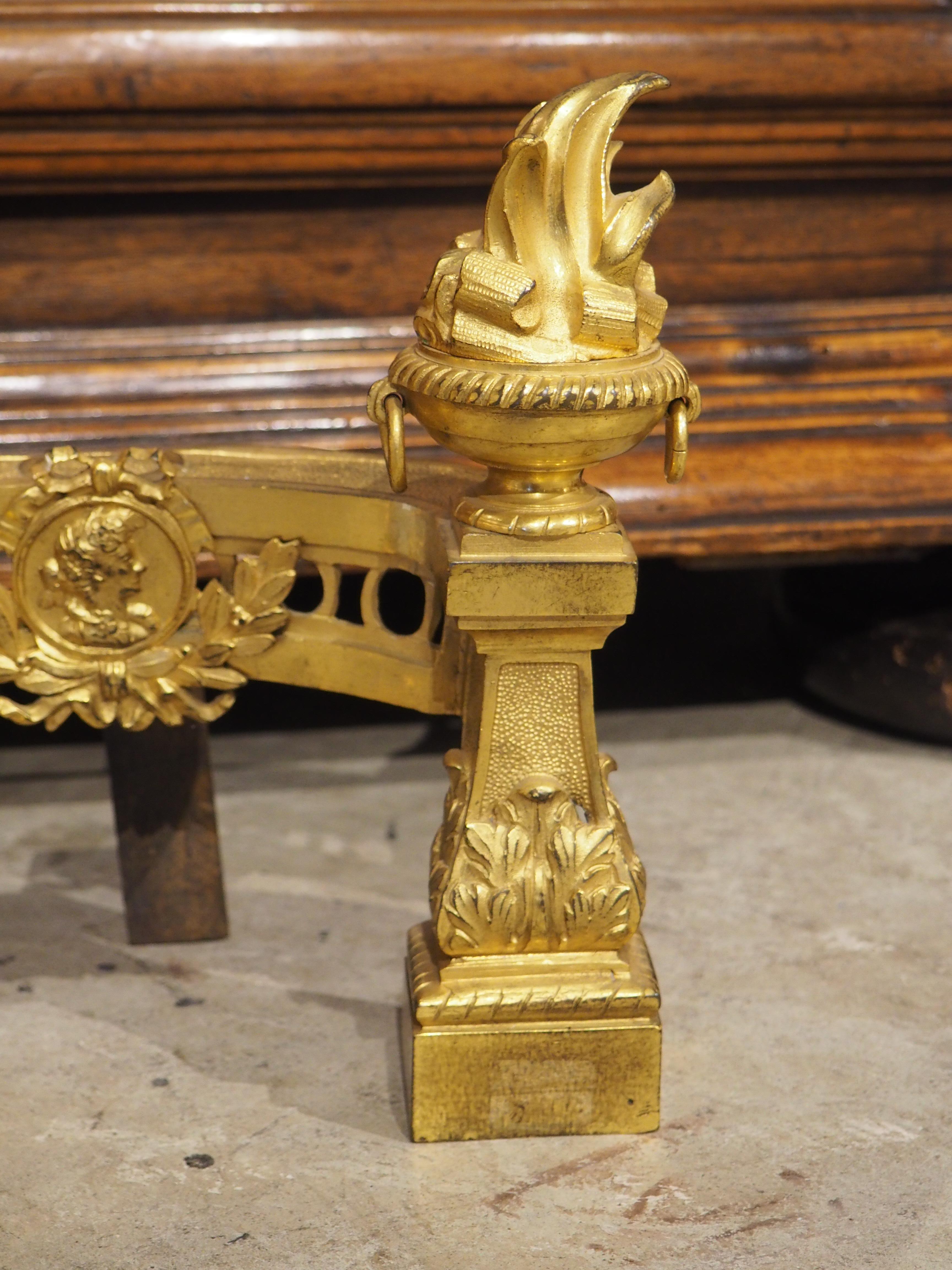 Pair of French Louis XVI Style Bronze Doré Fireplace Chenets, Circa 1850 In Good Condition In Dallas, TX