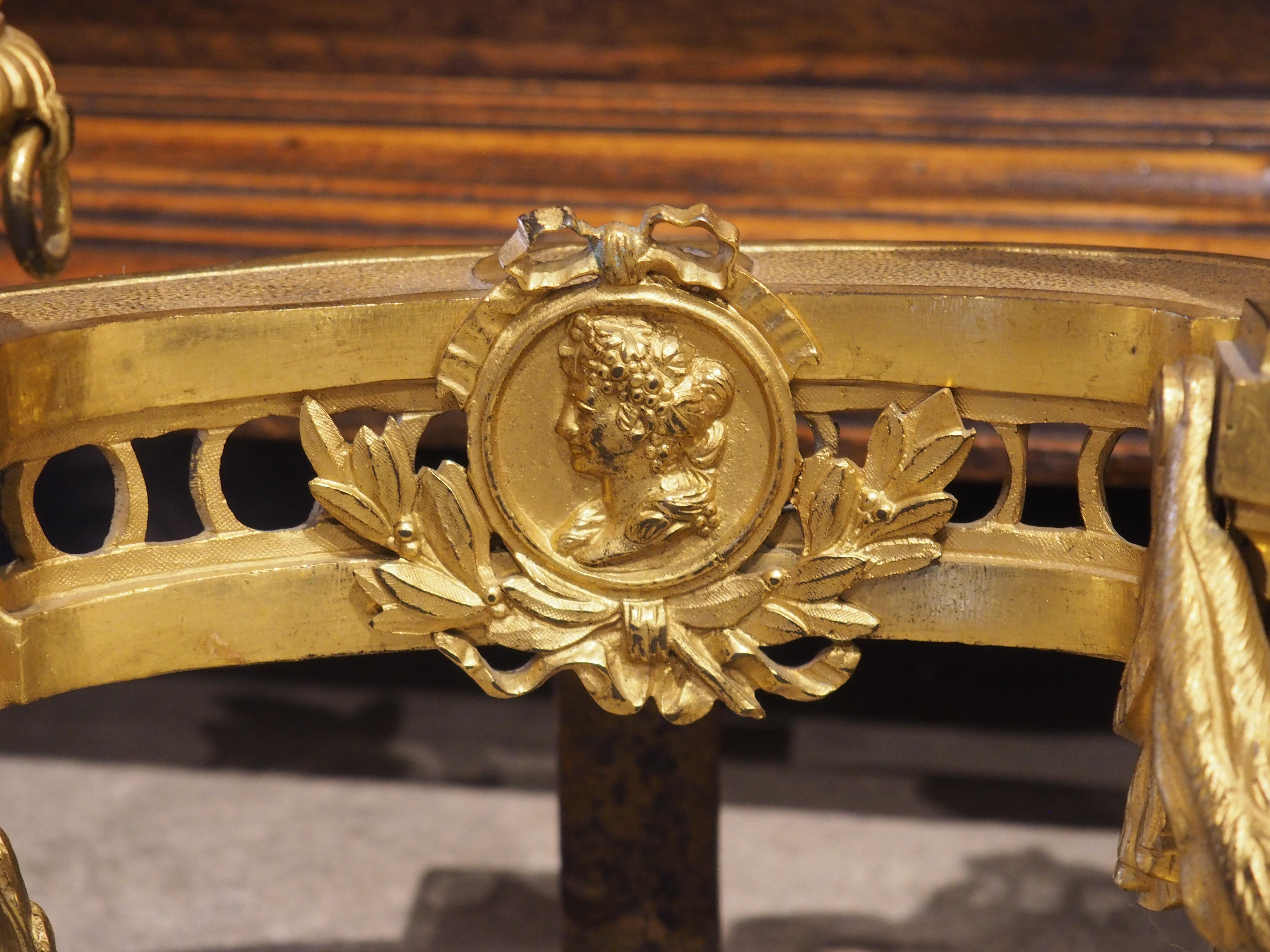 Metal Pair of French Louis XVI Style Bronze Doré Fireplace Chenets, Circa 1850