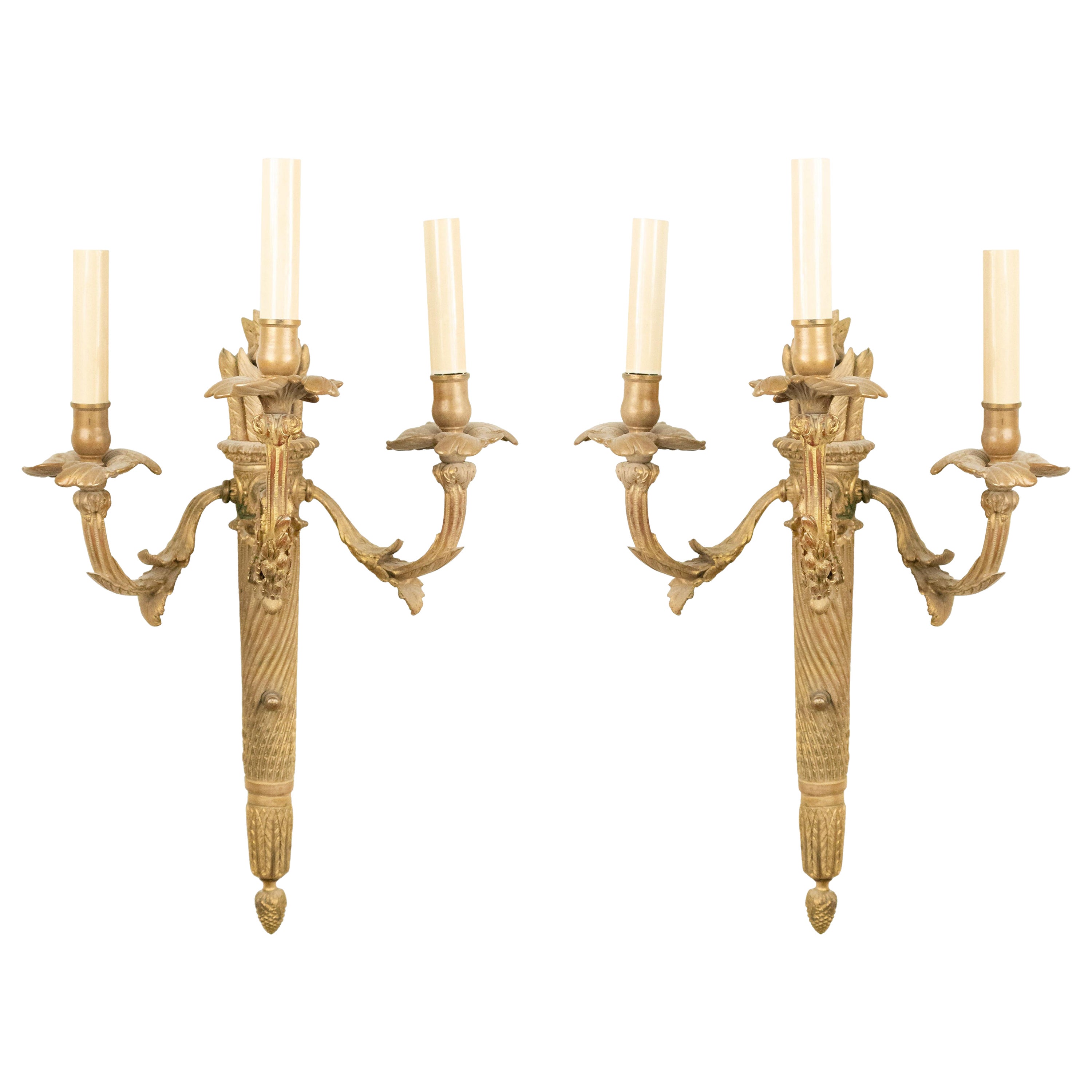 Pair of French Louis XVI Style Bronze Dore Torch Wall Sconces