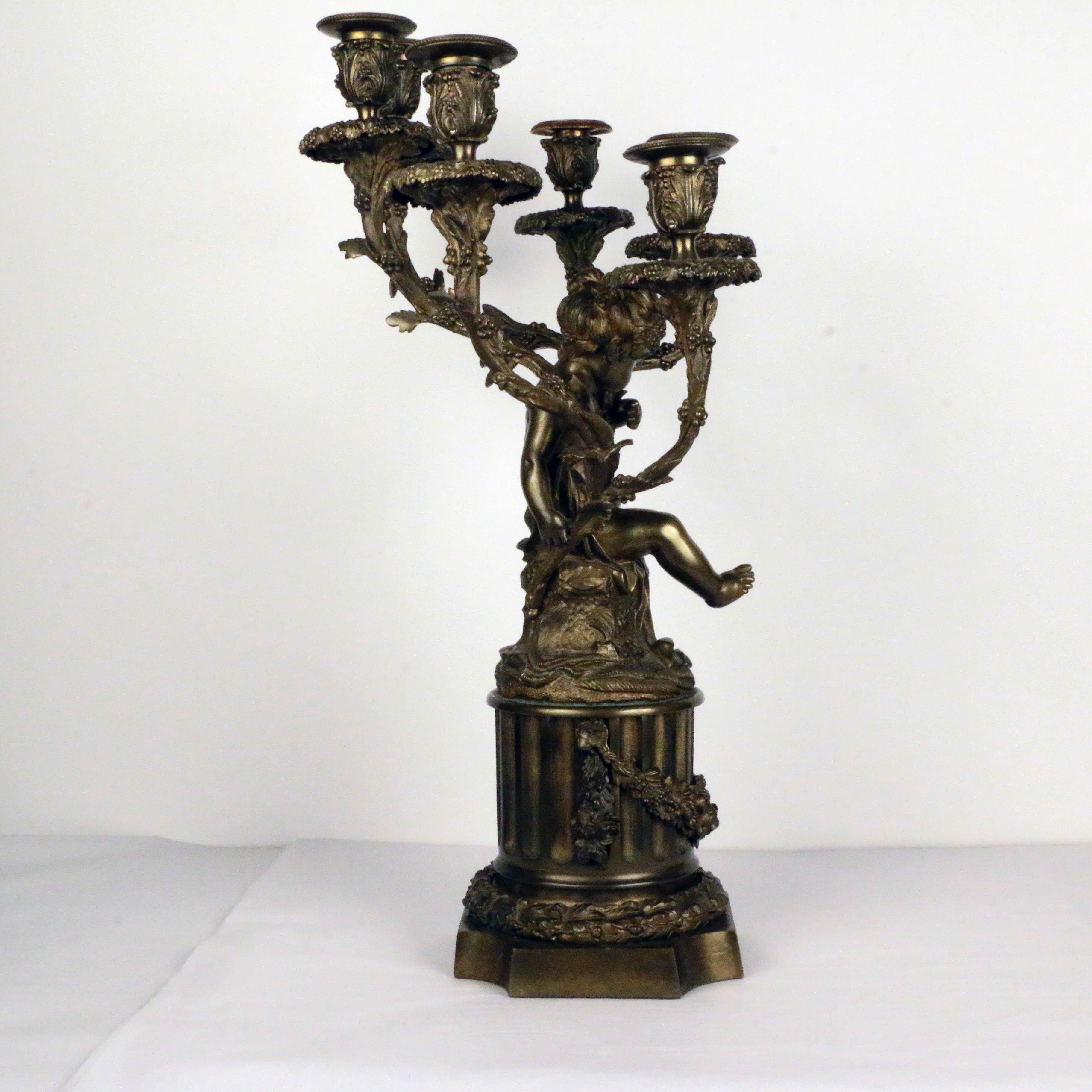 Cast Pair of French Louis XVI Style Bronze Figural Six Lght Candelabra For Sale