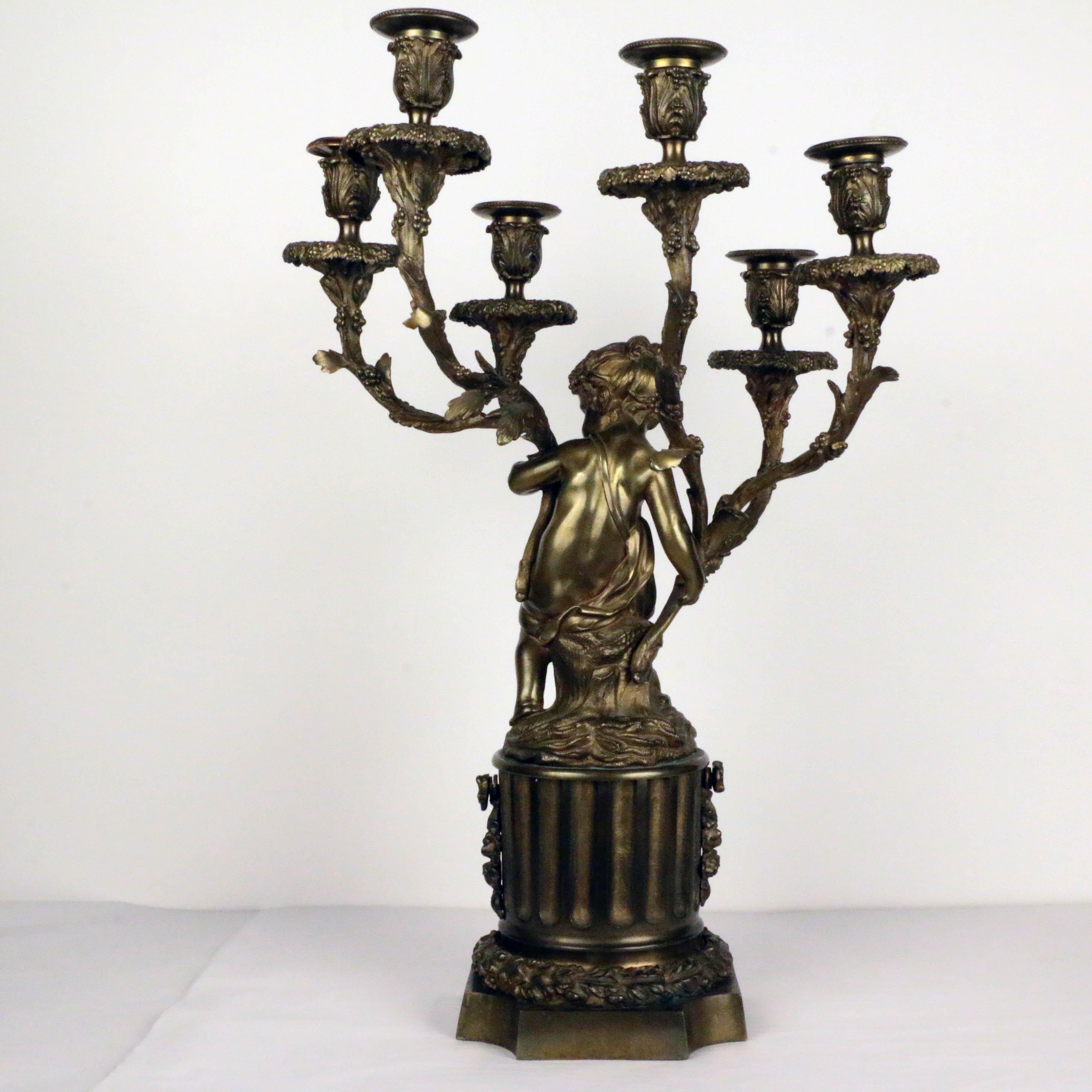 Pair of French Louis XVI Style Bronze Figural Six Lght Candelabra In Good Condition For Sale In Montreal, QC