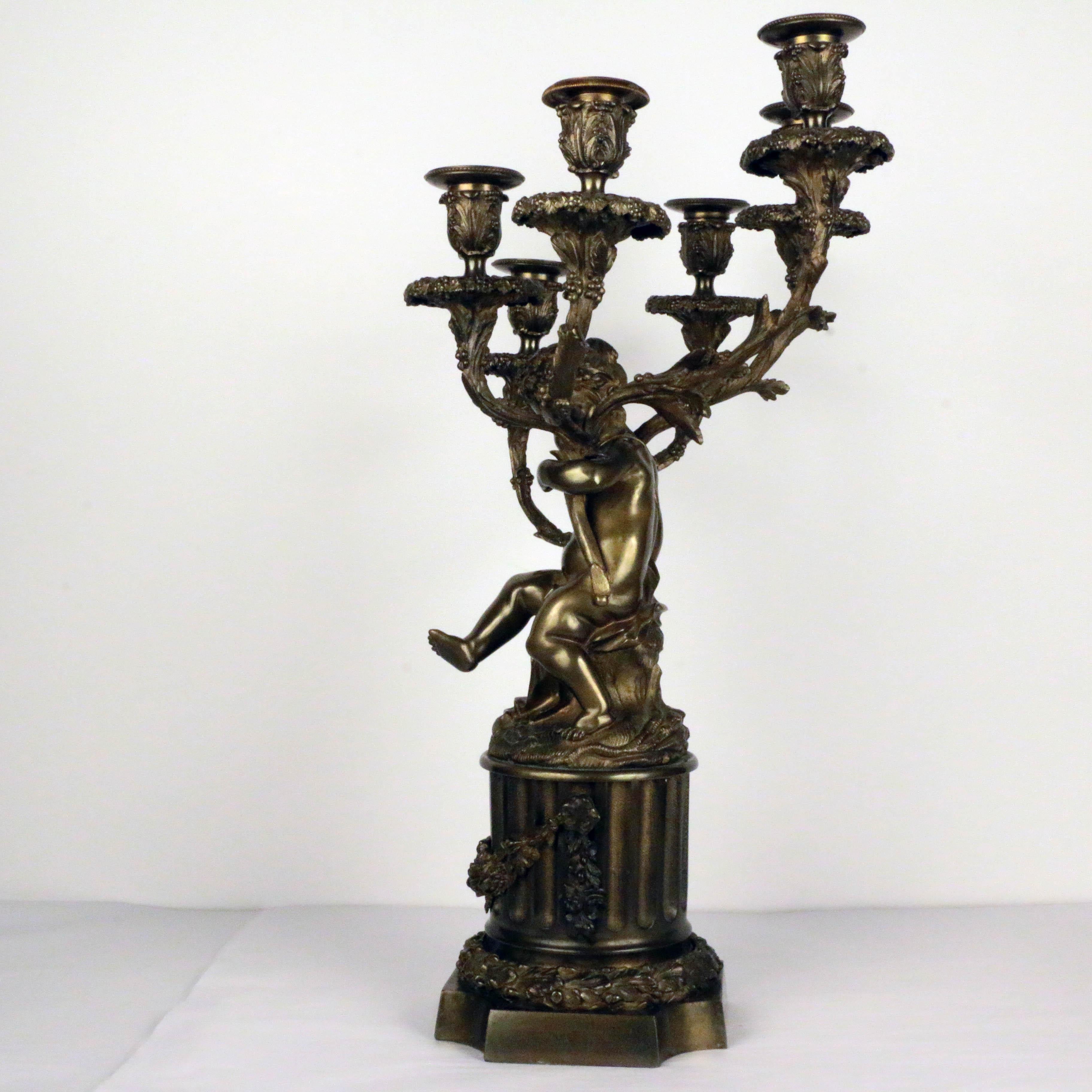 19th Century Pair of French Louis XVI Style Bronze Figural Six Lght Candelabra For Sale