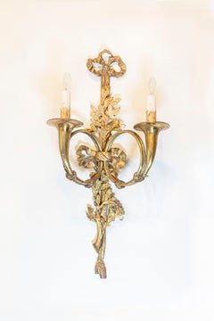 Pair of French Louis XVI Style Bronze Two-Light Sconces with Hunting Horns