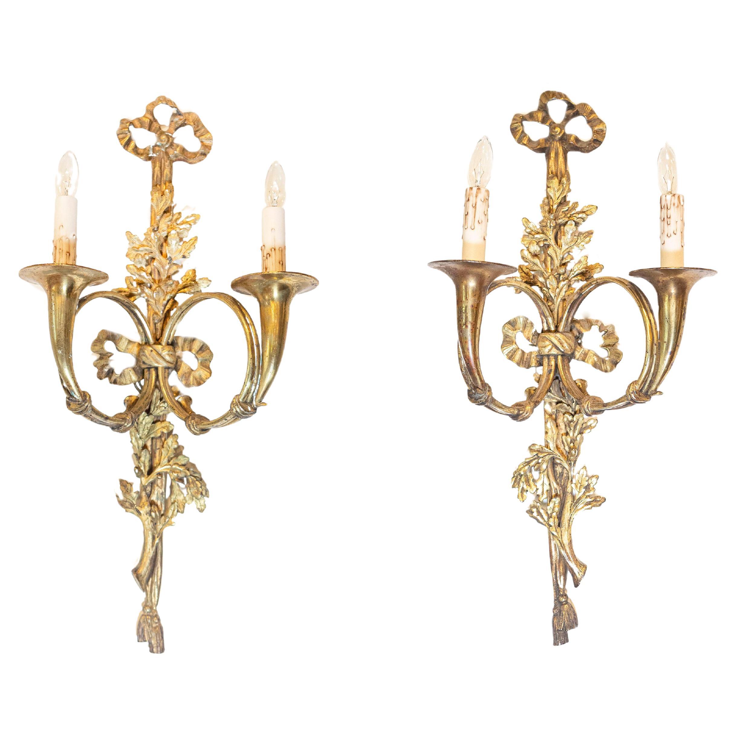 Pair of French Louis XVI Style Bronze Two-Light Sconces with Hunting Horns