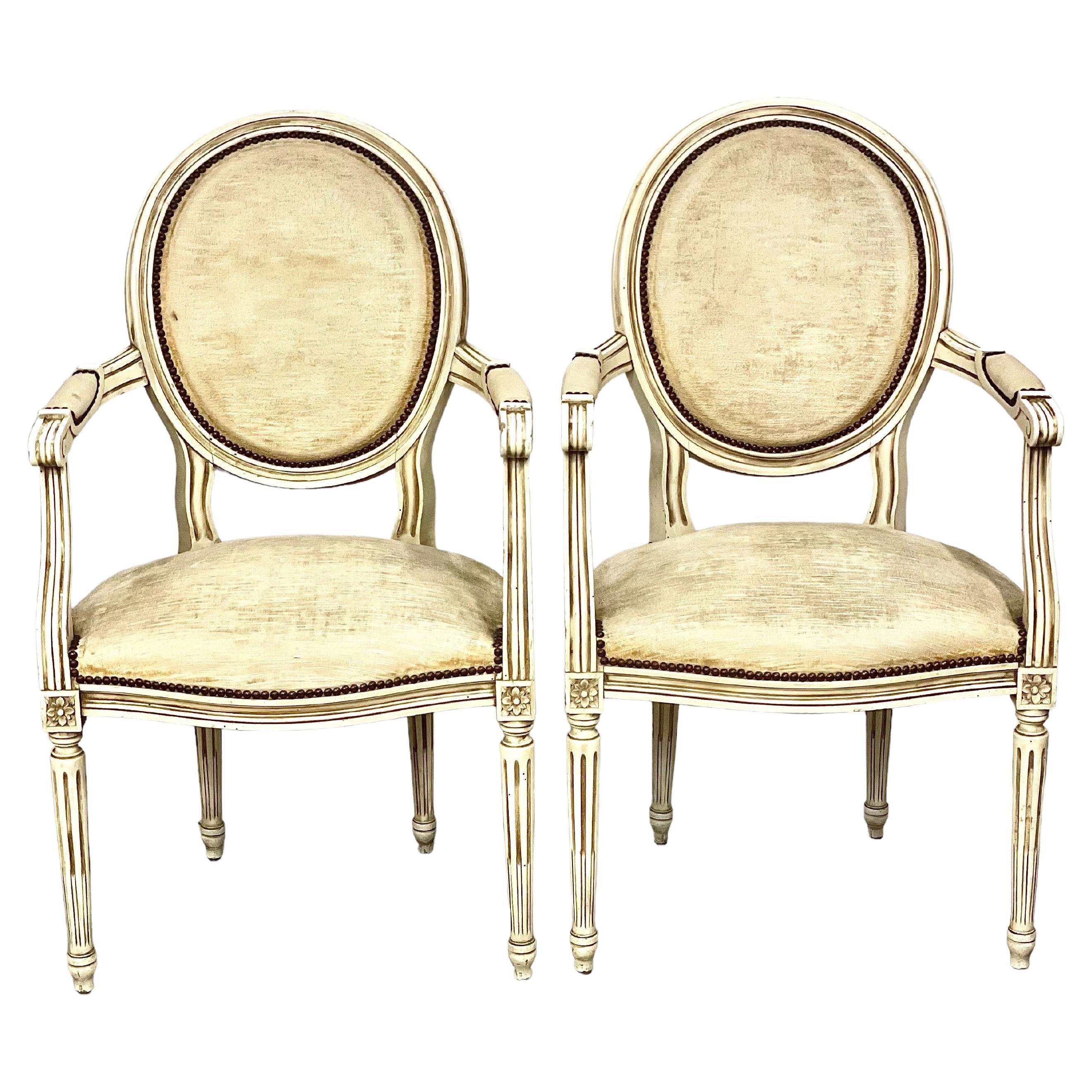 Antique Pair of French Louis XVI Style Cabriolets Armchairs