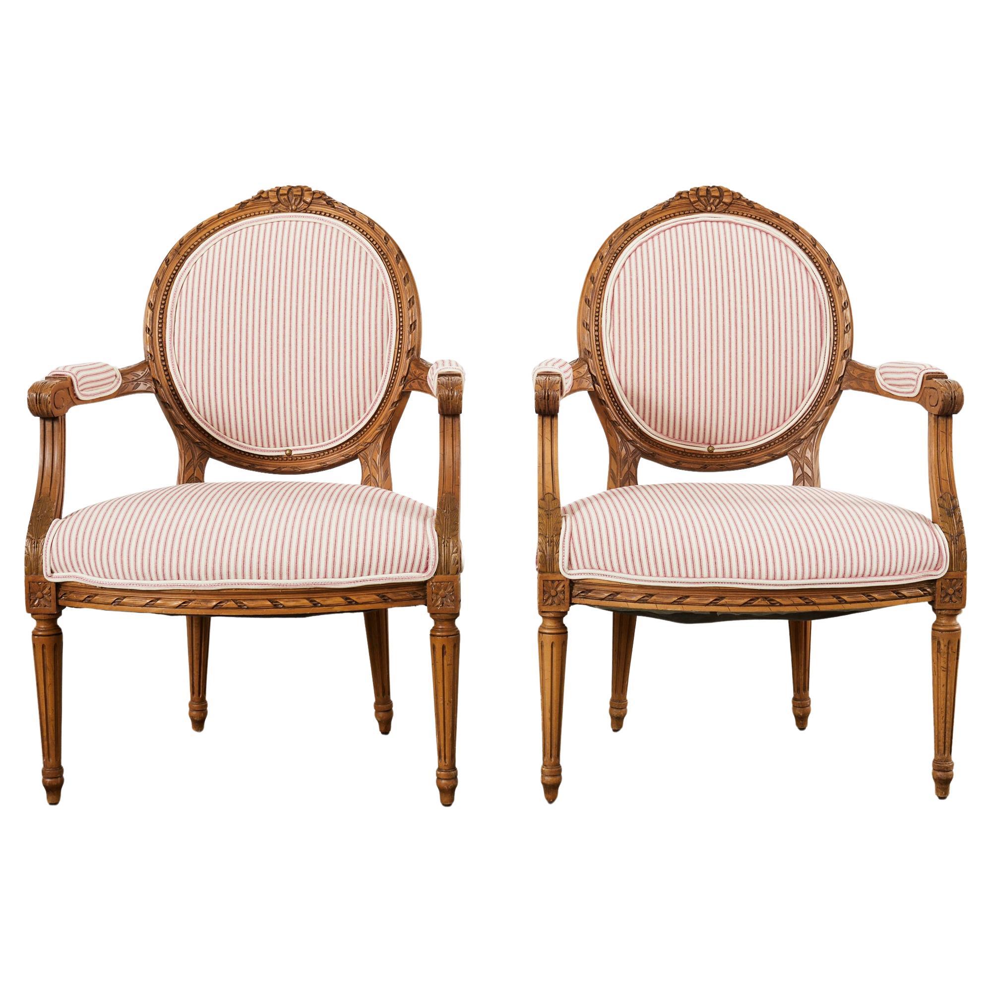 Pair of French Louis XVI Style Cameo Back Fauteuil Armchairs For Sale