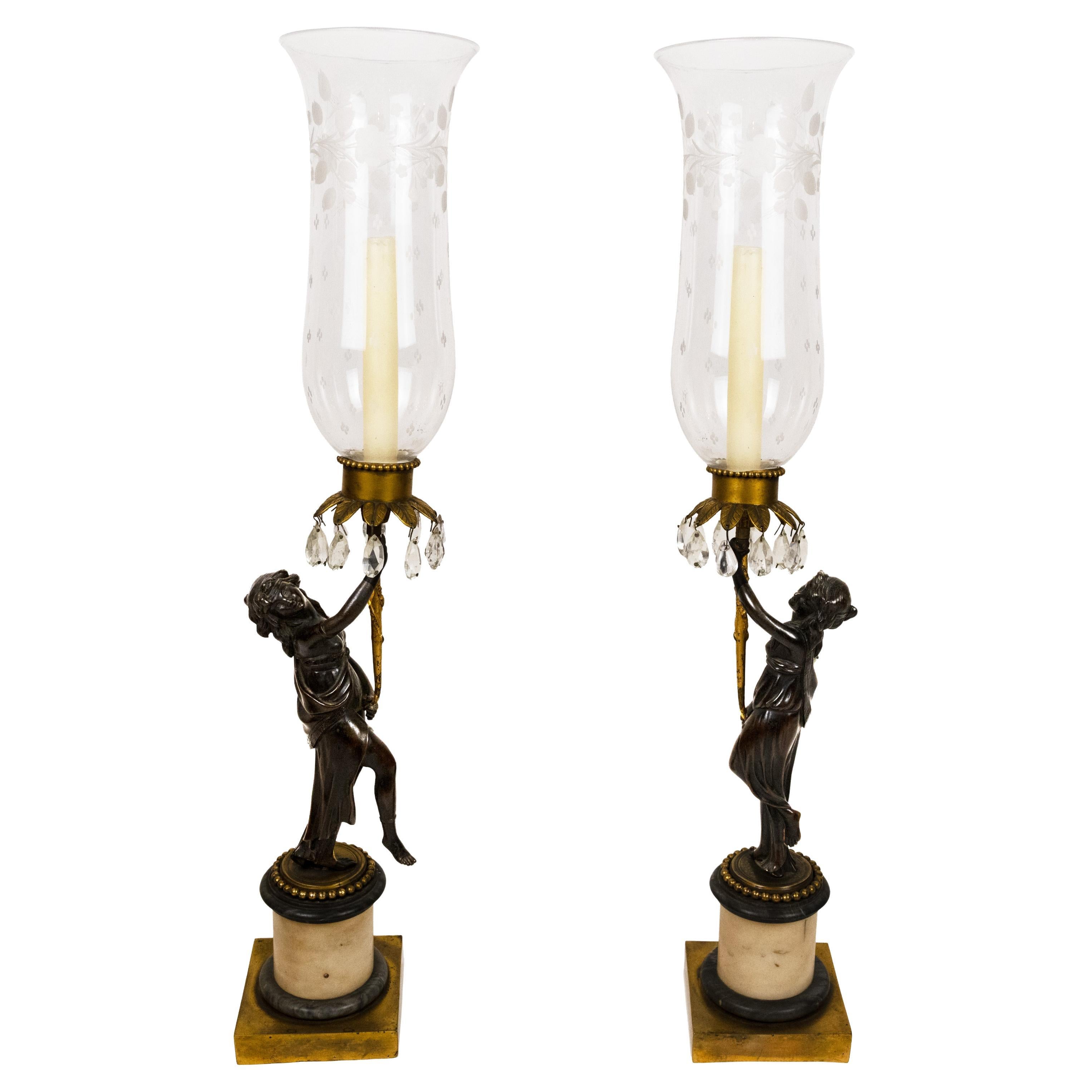 Pair of French Louis XVI-Style Candlesticks with Etched Hurricane Shades For Sale