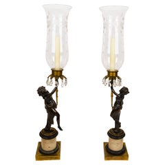 Pair of French Louis XVI-Style Candlesticks with Etched Hurricane Shades