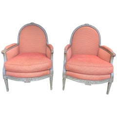 Pair of French Louis XVI Style Carved and Painted Bergères