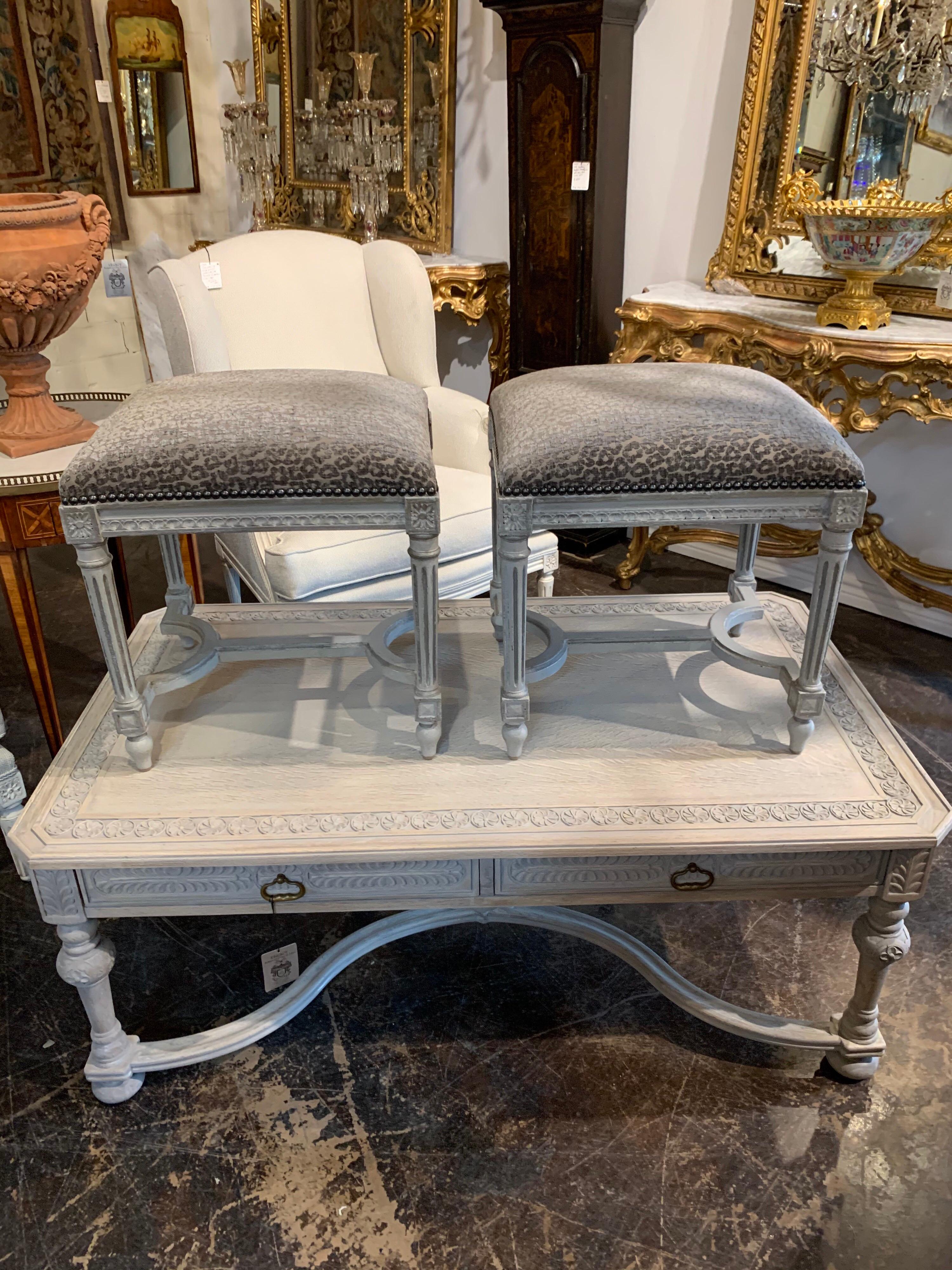 Wood Pair of French Louis XVI Style Carved and Painted Stools
