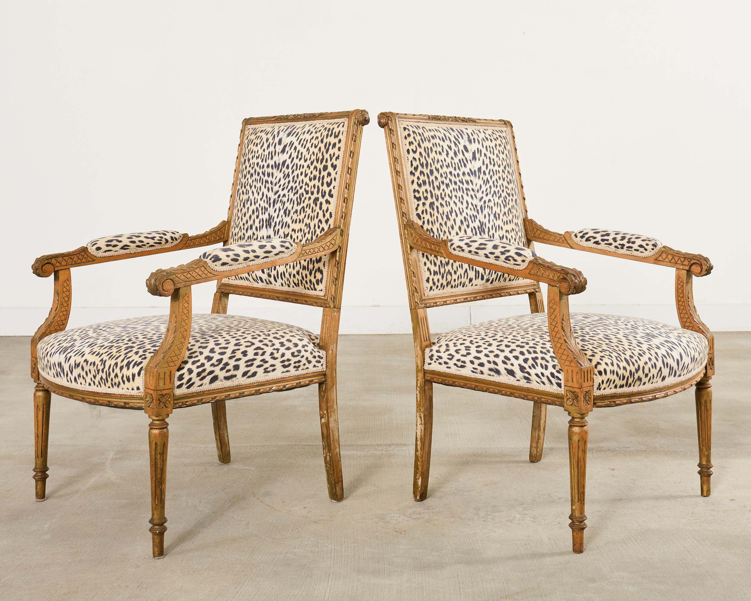 Tissu Pair of French Louis XVI Style Carved Beech Armchairs en vente