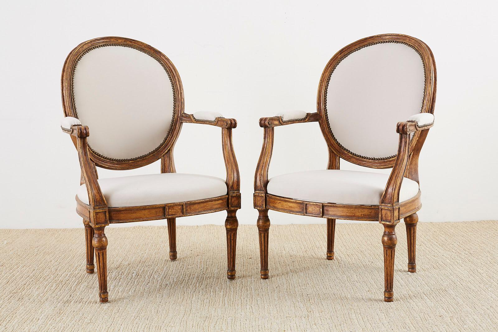 Italian Pair of French Louis XVI Style Carved Fauteuil Armchairs