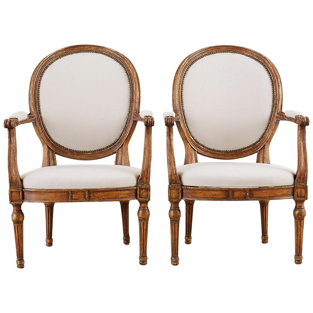 Pair of French Louis XVI Style Carved Fauteuil Armchairs