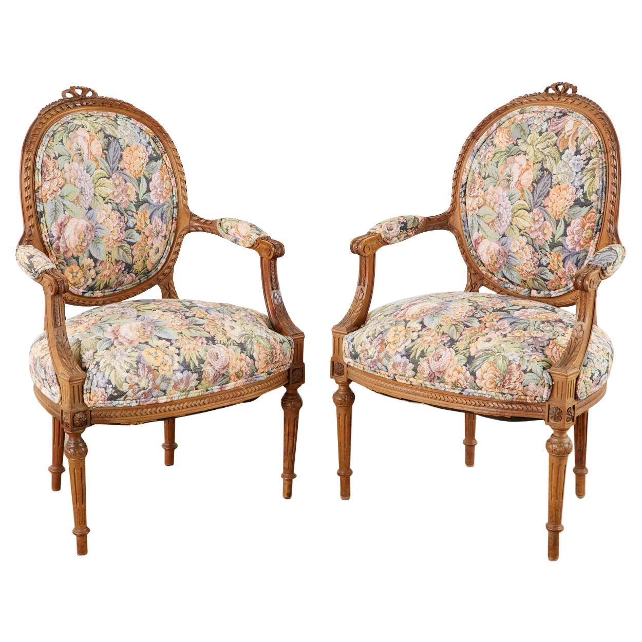 Pair of French Louis XVI Style Carved Fauteuil Armchairs