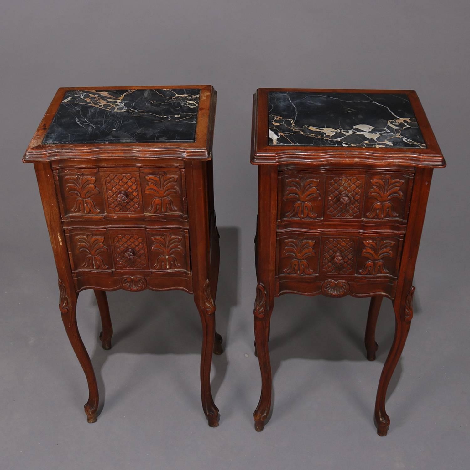 20th Century Pair of French Louis XVI Style Carved Mahogany Petite Marble-Top End Stands