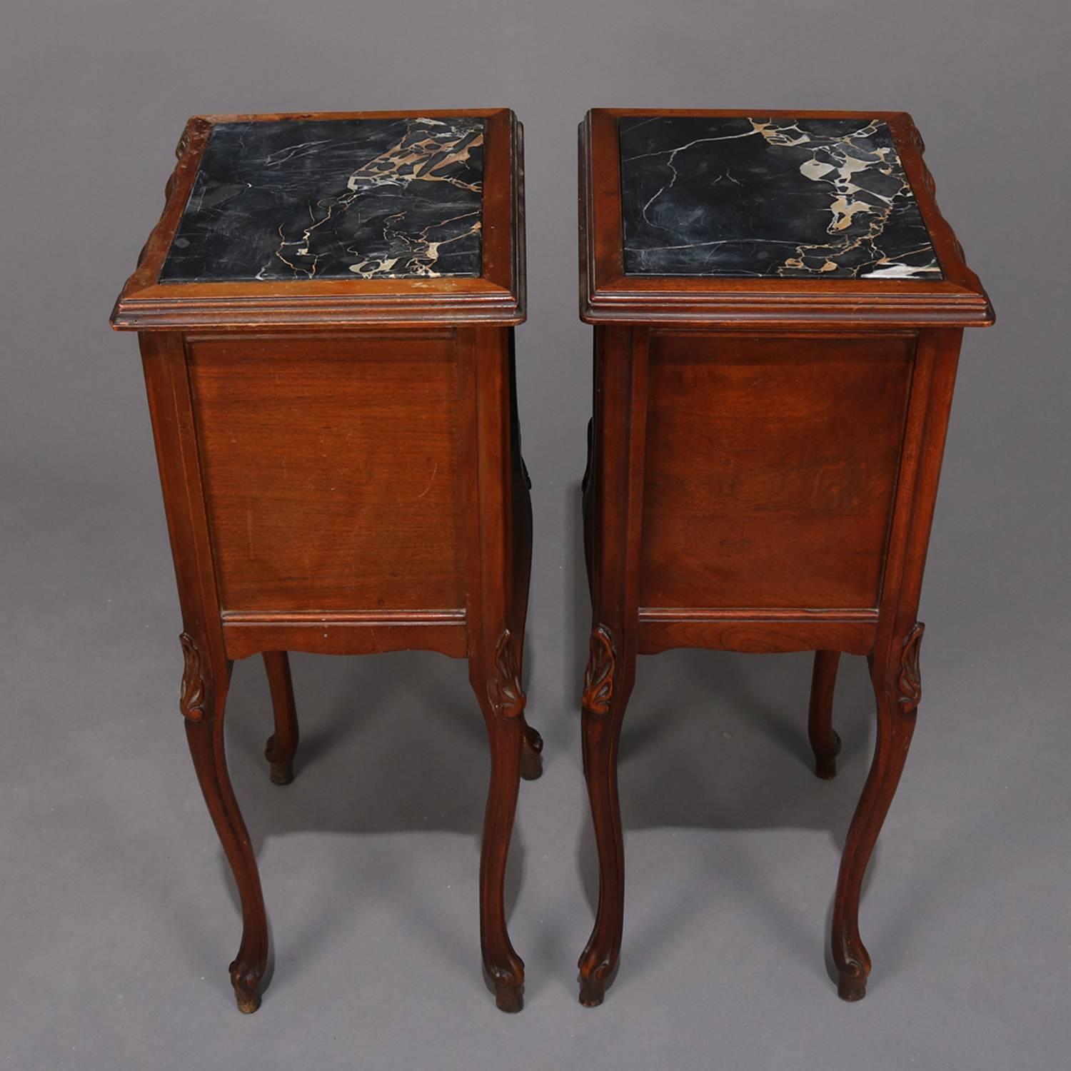Pair of French Louis XVI Style Carved Mahogany Petite Marble-Top End Stands 1