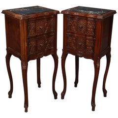 Pair of French Louis XVI Style Carved Mahogany Petite Marble-Top End Stands