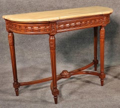 Pair of French Louis XVI Style Carved Walnut Demilune Console Tables