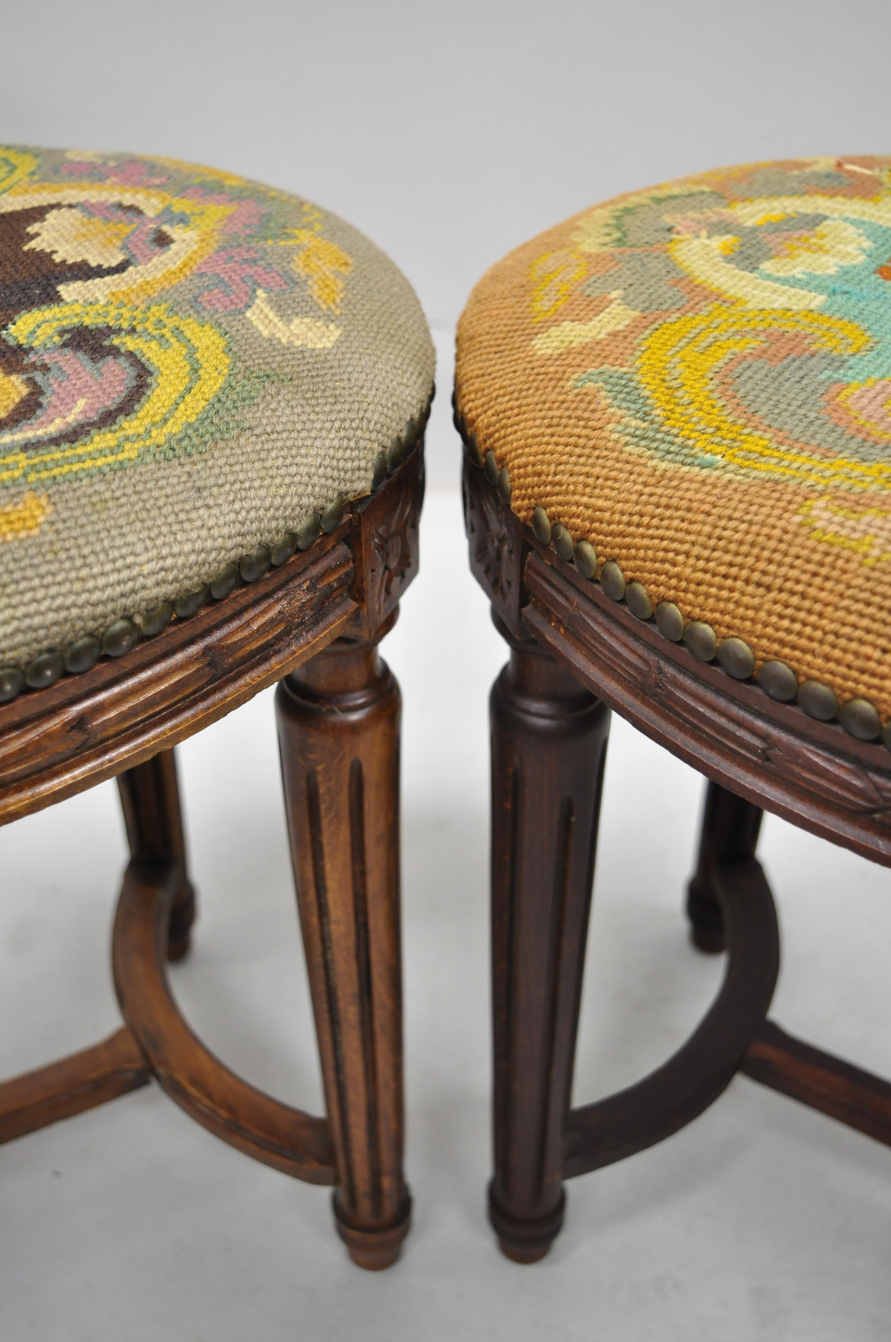 Pair of French Louis XVI Style Carved Walnut and Needlepoint Oval Stools For Sale 5