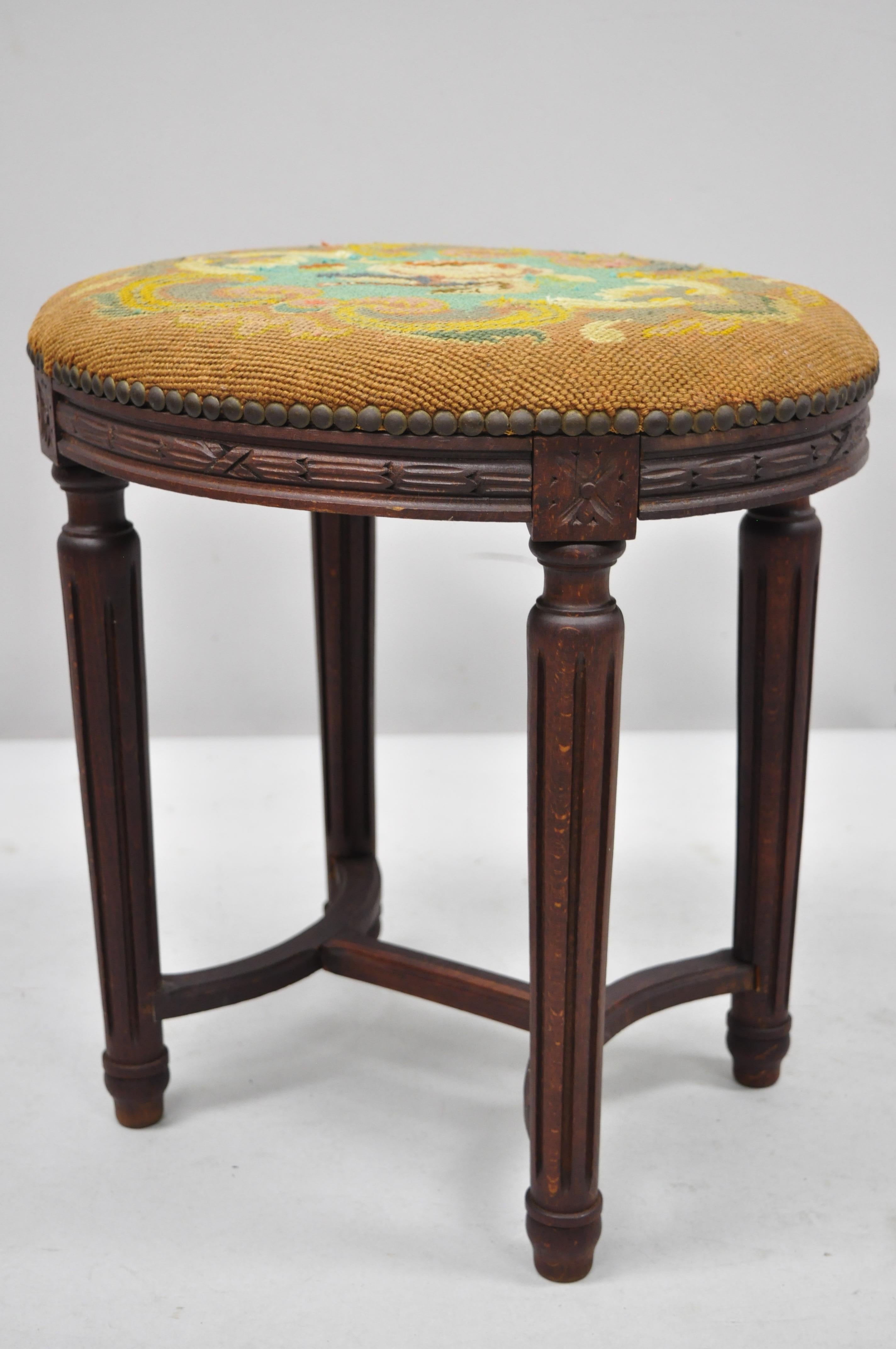 Pair of French Louis XVI Style Carved Walnut and Needlepoint Oval Stools For Sale 7
