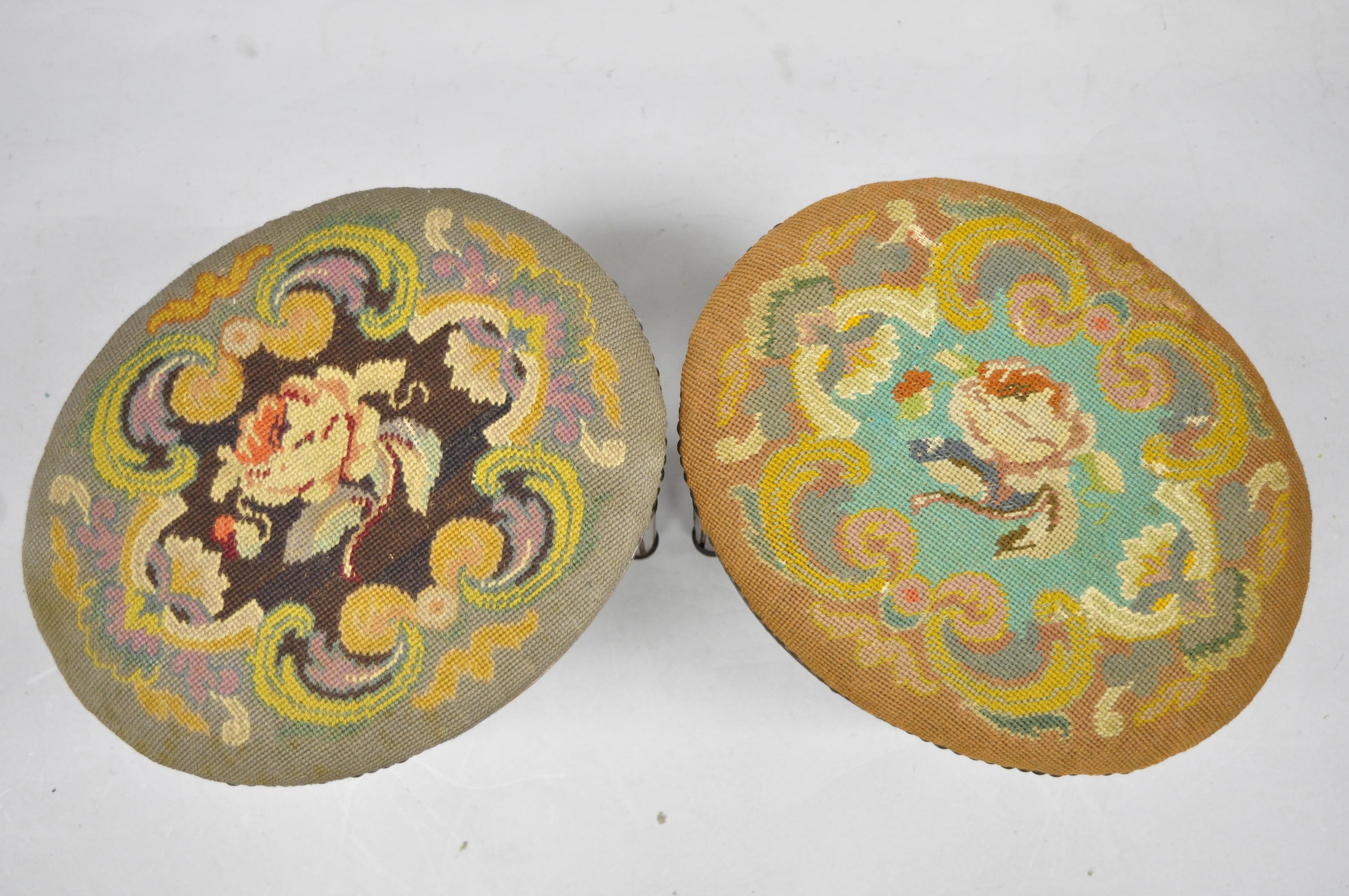 Belgian Pair of French Louis XVI Style Carved Walnut and Needlepoint Oval Stools