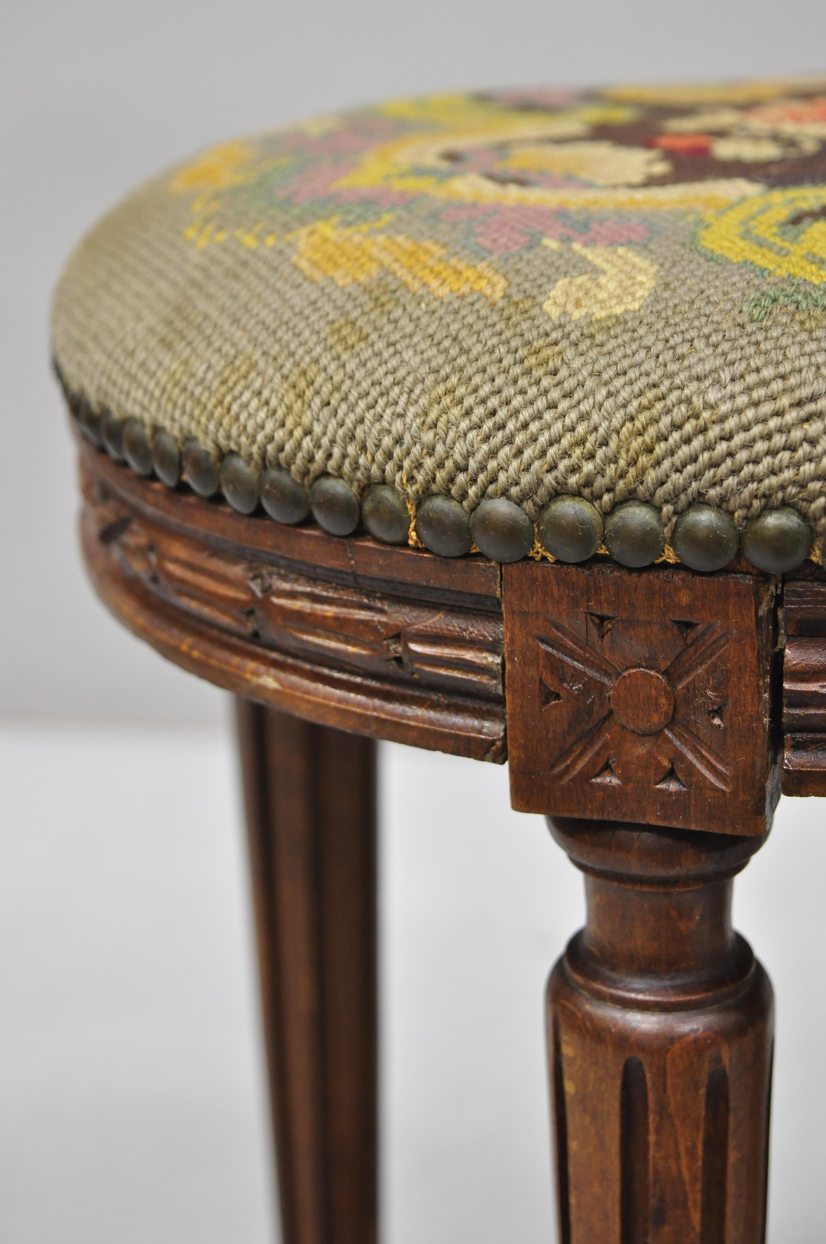 Pair of French Louis XVI Style Carved Walnut and Needlepoint Oval Stools For Sale 1