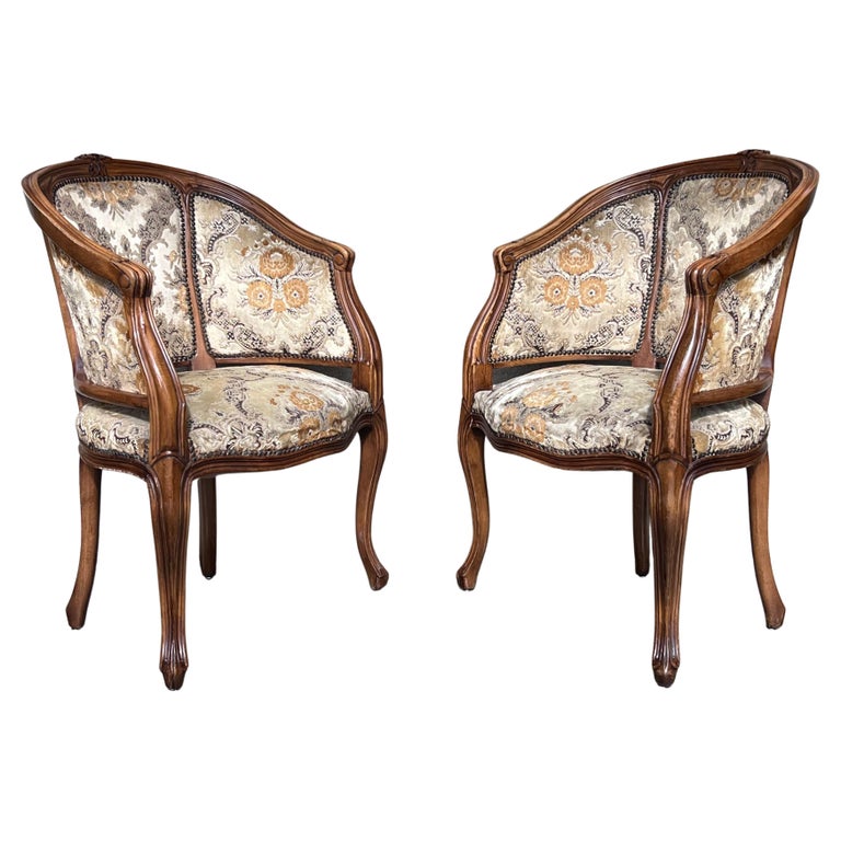 Pair of French Louis XVI Style Carved Walnut Round Bergere Armchairs ...
