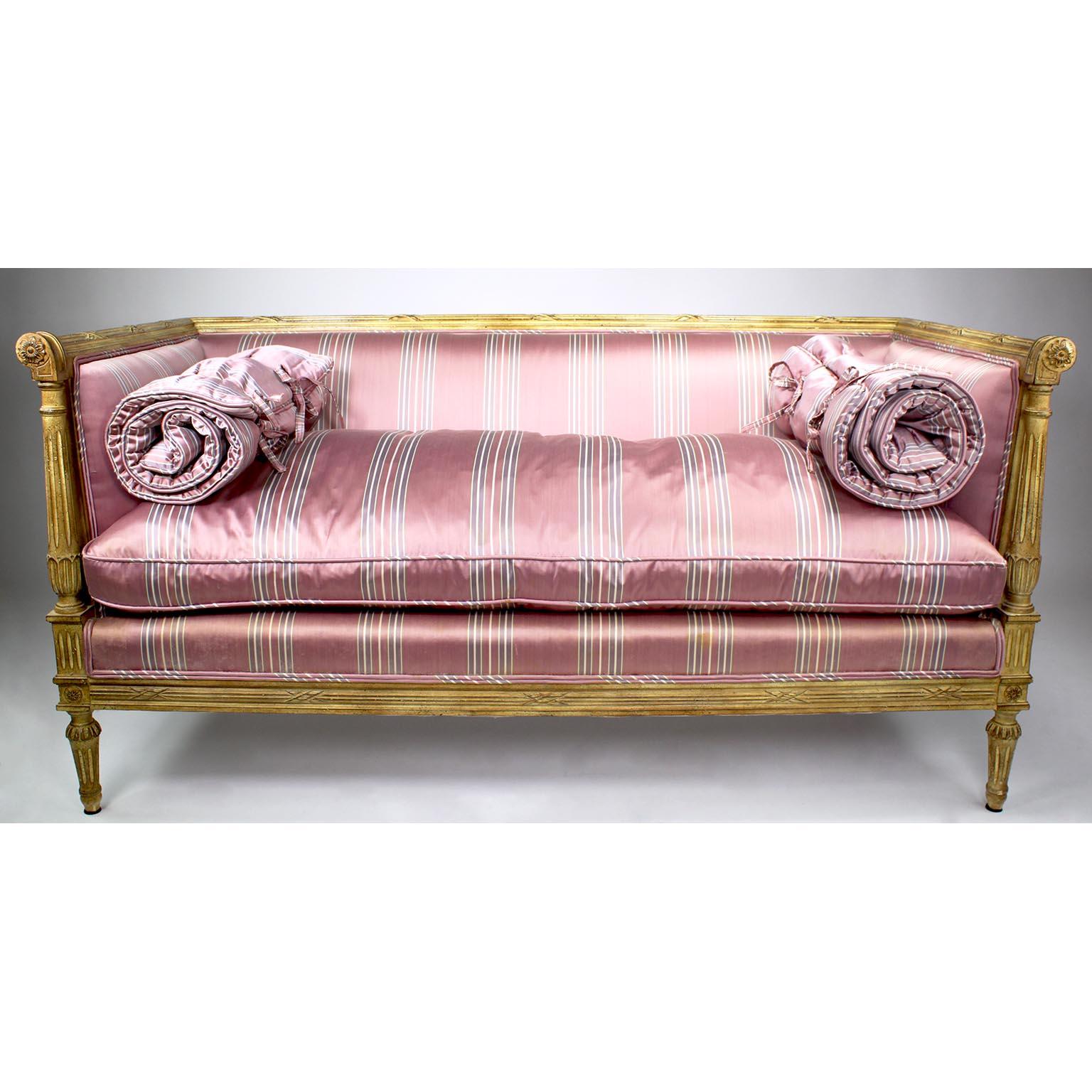 Hand-Carved Pair of French Louis XVI Style Carved-Wood Cream-Lacquered Settees, Jansen Attr. For Sale