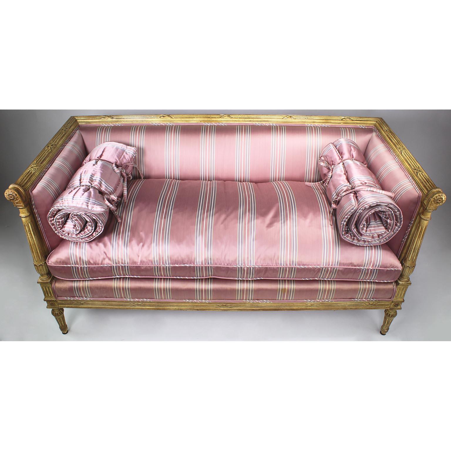 Pair of French Louis XVI Style Carved-Wood Cream-Lacquered Settees, Jansen Attr. In Fair Condition For Sale In Los Angeles, CA