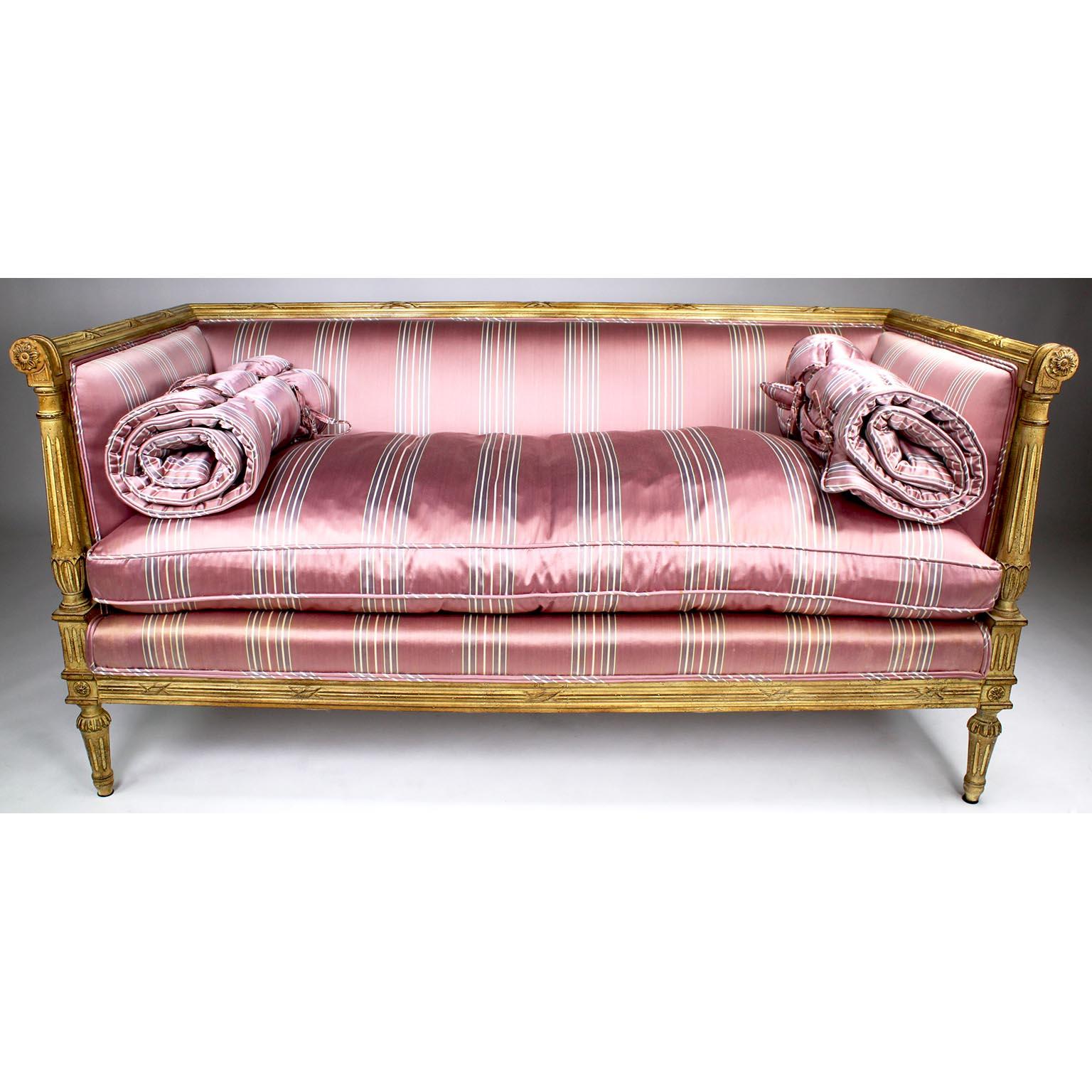 20th Century Pair of French Louis XVI Style Carved-Wood Cream-Lacquered Settees, Jansen Attr. For Sale