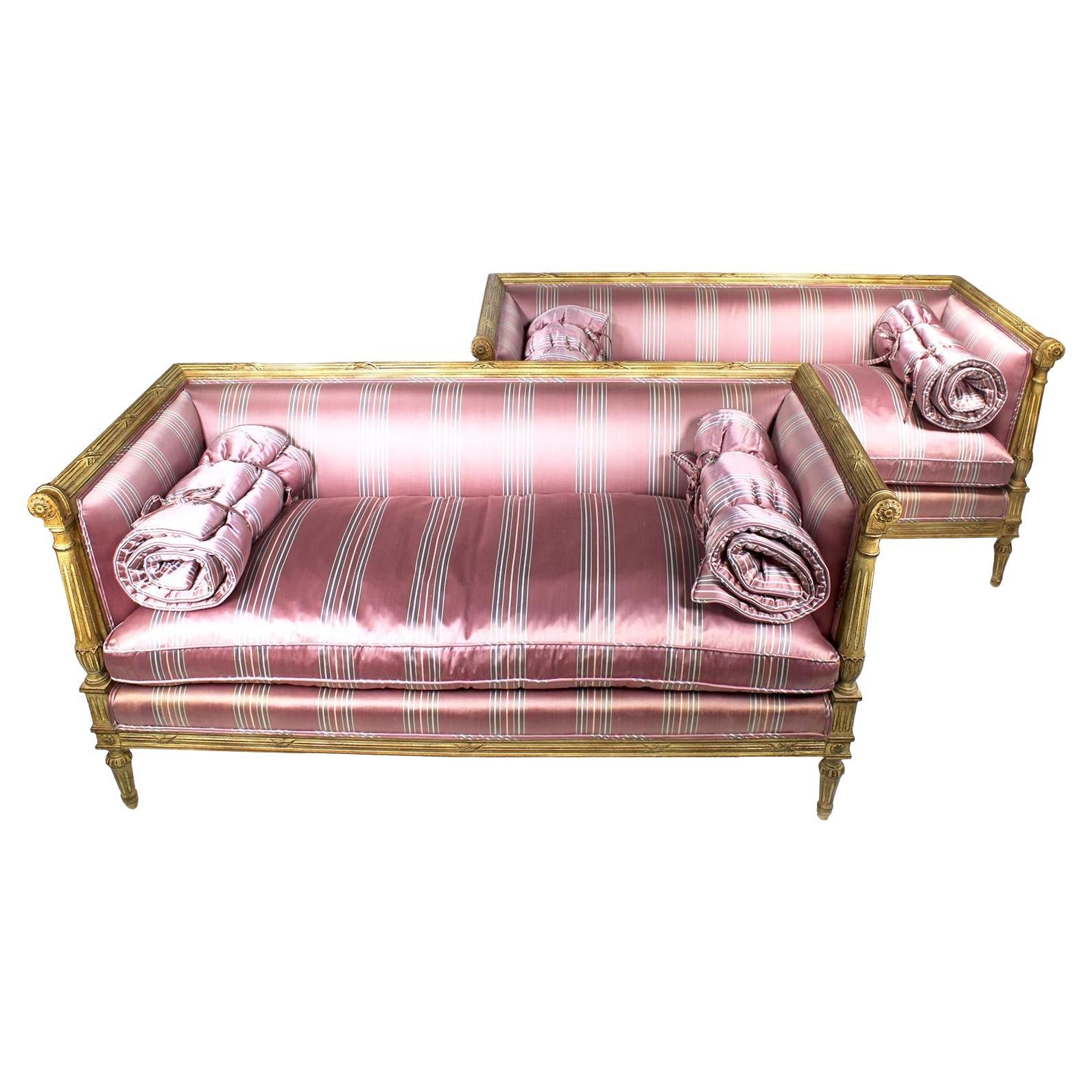 Pair of French Louis XVI Style Carved-Wood Cream-Lacquered Settees, Jansen Attr. For Sale