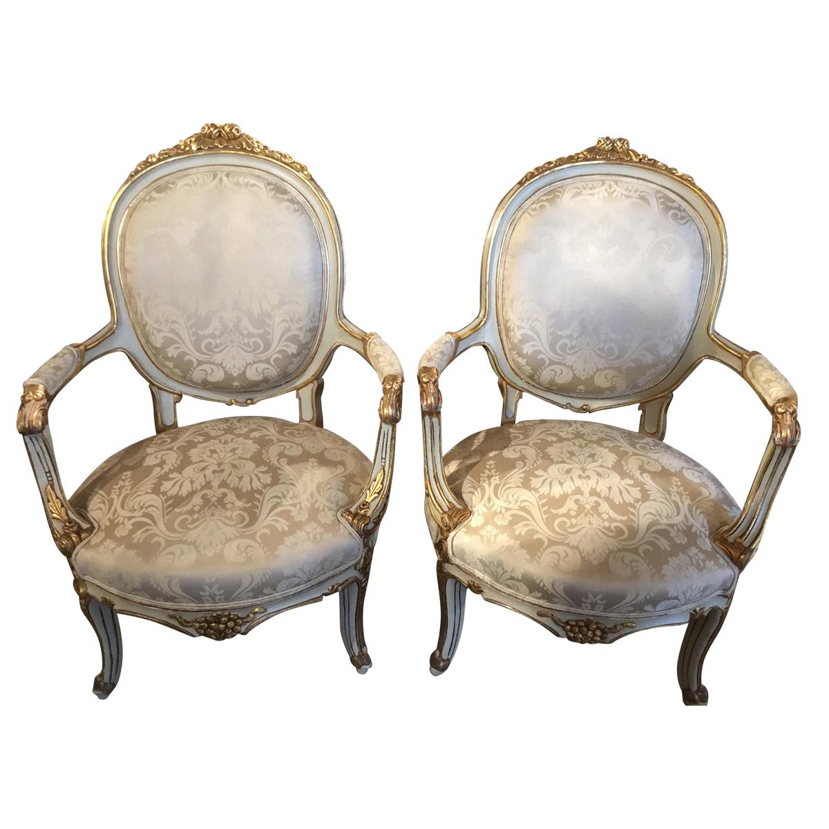 Pair of French Louis XVI Style Chairs/Fauteuils Parcel Paint/ Giltwood